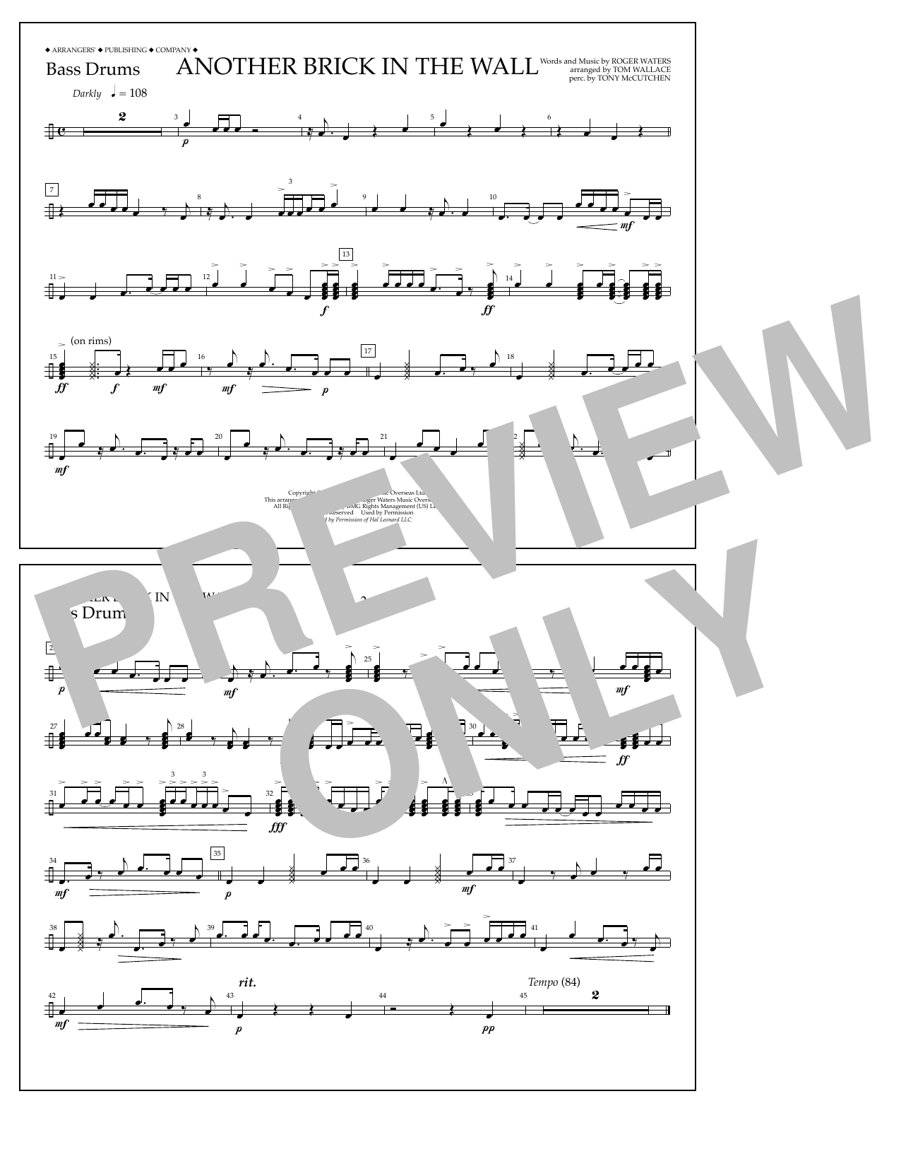 Download Tom Wallace Another Brick in the Wall - Bass Drums Sheet Music and learn how to play Marching Band PDF digital score in minutes