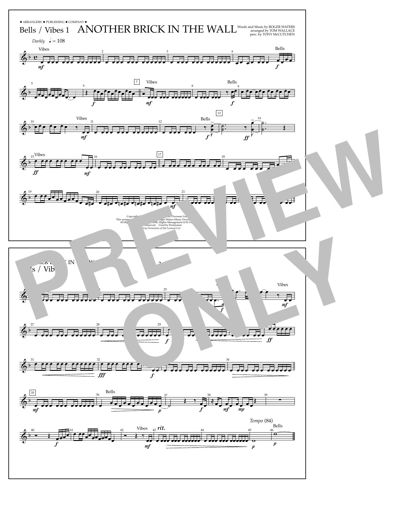 Download Tom Wallace Another Brick in the Wall - Bells/Vibes 1 Sheet Music and learn how to play Marching Band PDF digital score in minutes