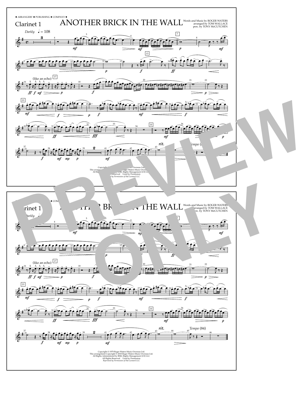 Download Tom Wallace Another Brick in the Wall - Clarinet 1 Sheet Music and learn how to play Marching Band PDF digital score in minutes