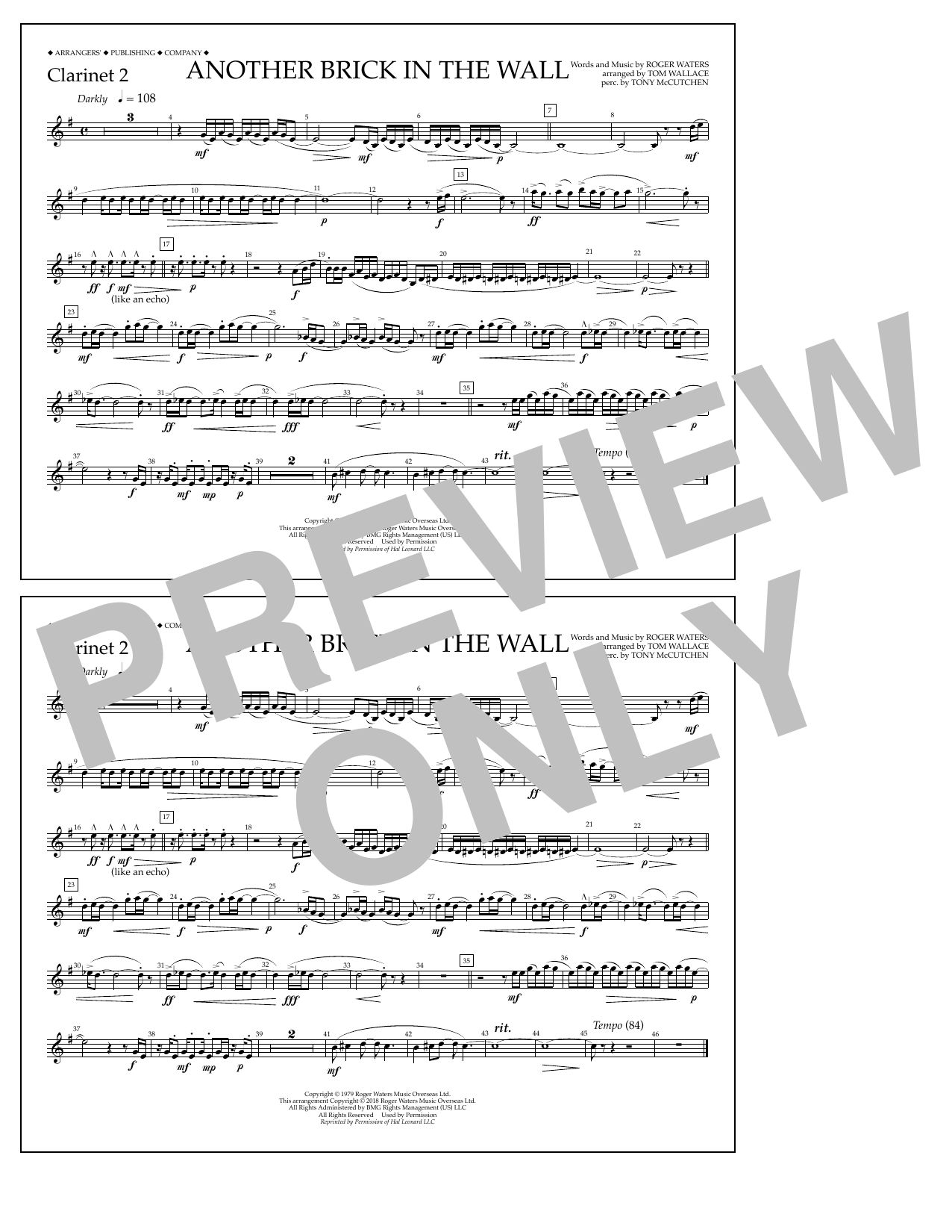 Download Tom Wallace Another Brick in the Wall - Clarinet 2 Sheet Music and learn how to play Marching Band PDF digital score in minutes