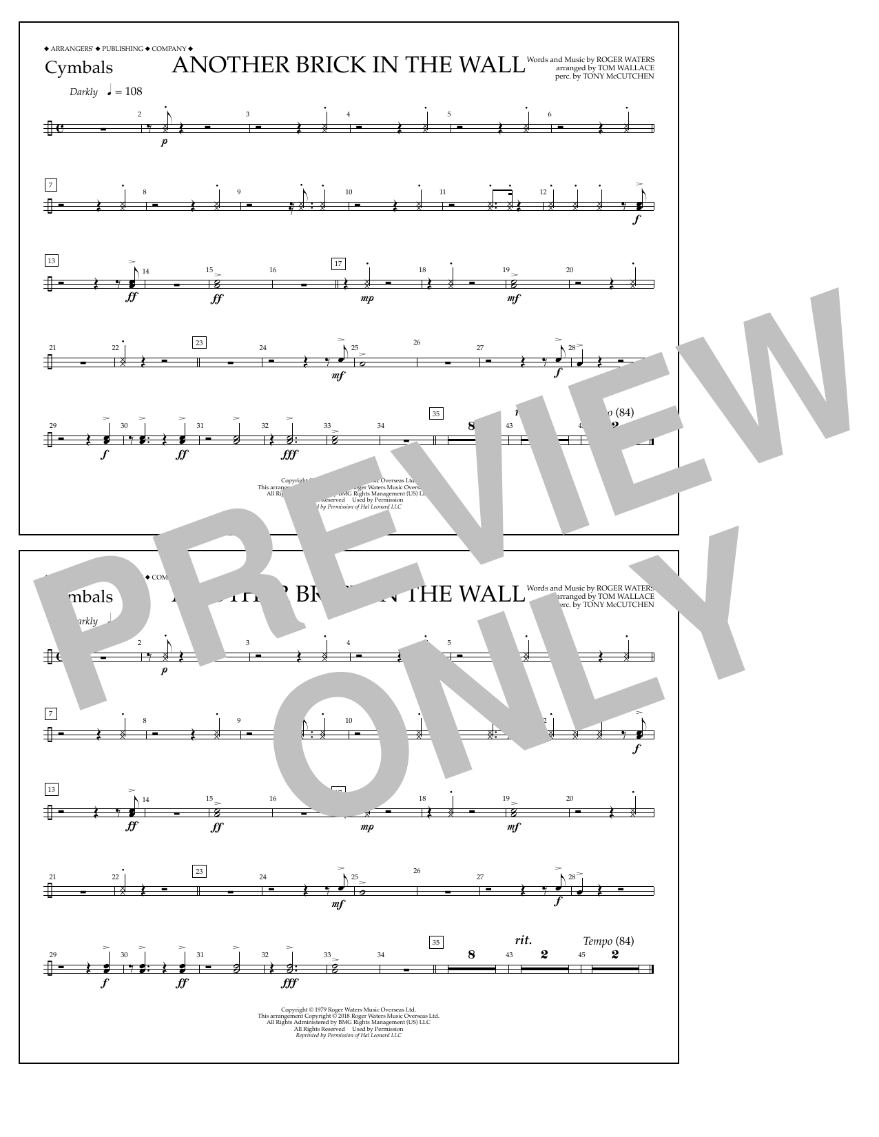 Download Tom Wallace Another Brick in the Wall - Cymbals Sheet Music and learn how to play Marching Band PDF digital score in minutes