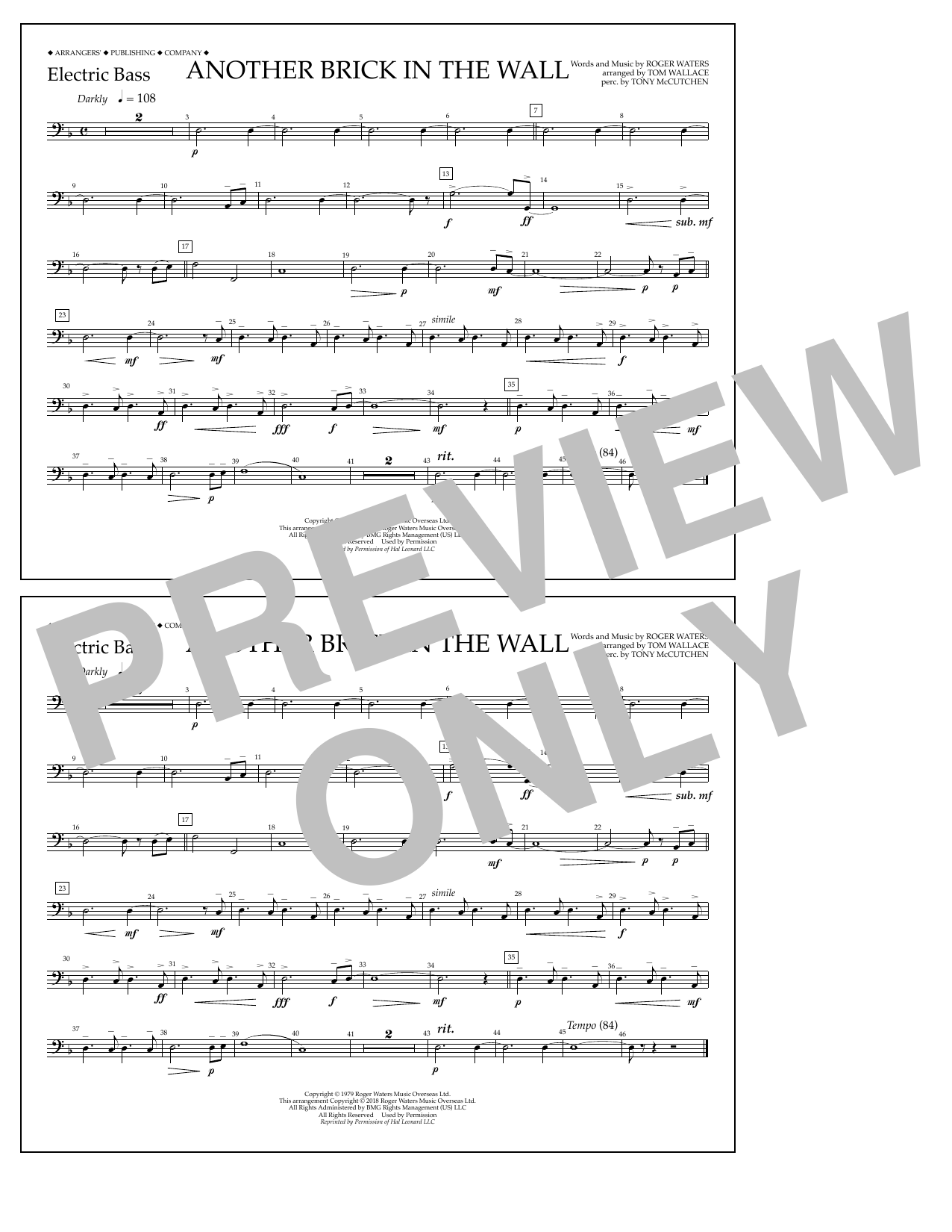 Download Tom Wallace Another Brick in the Wall - Electric Bass Sheet Music and learn how to play Marching Band PDF digital score in minutes