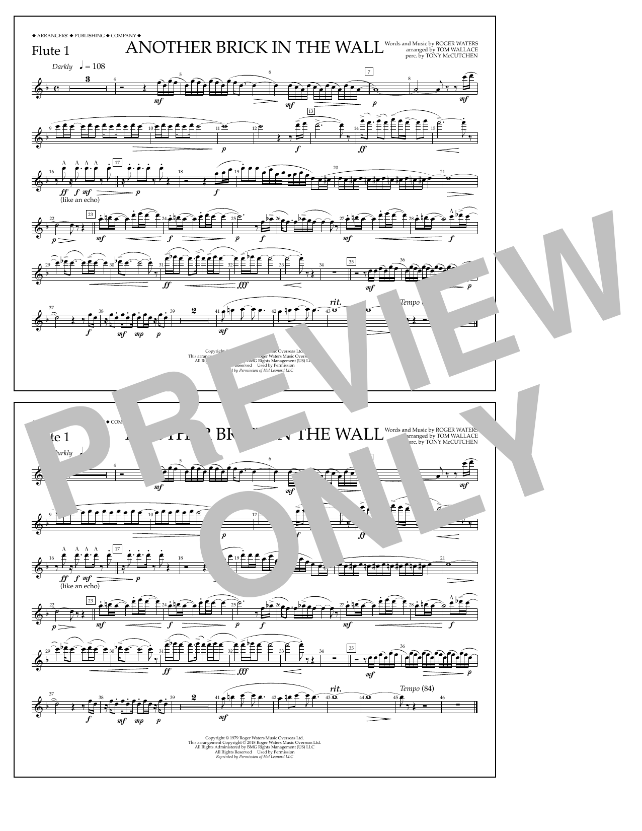 Download Tom Wallace Another Brick in the Wall - Flute 1 Sheet Music and learn how to play Marching Band PDF digital score in minutes