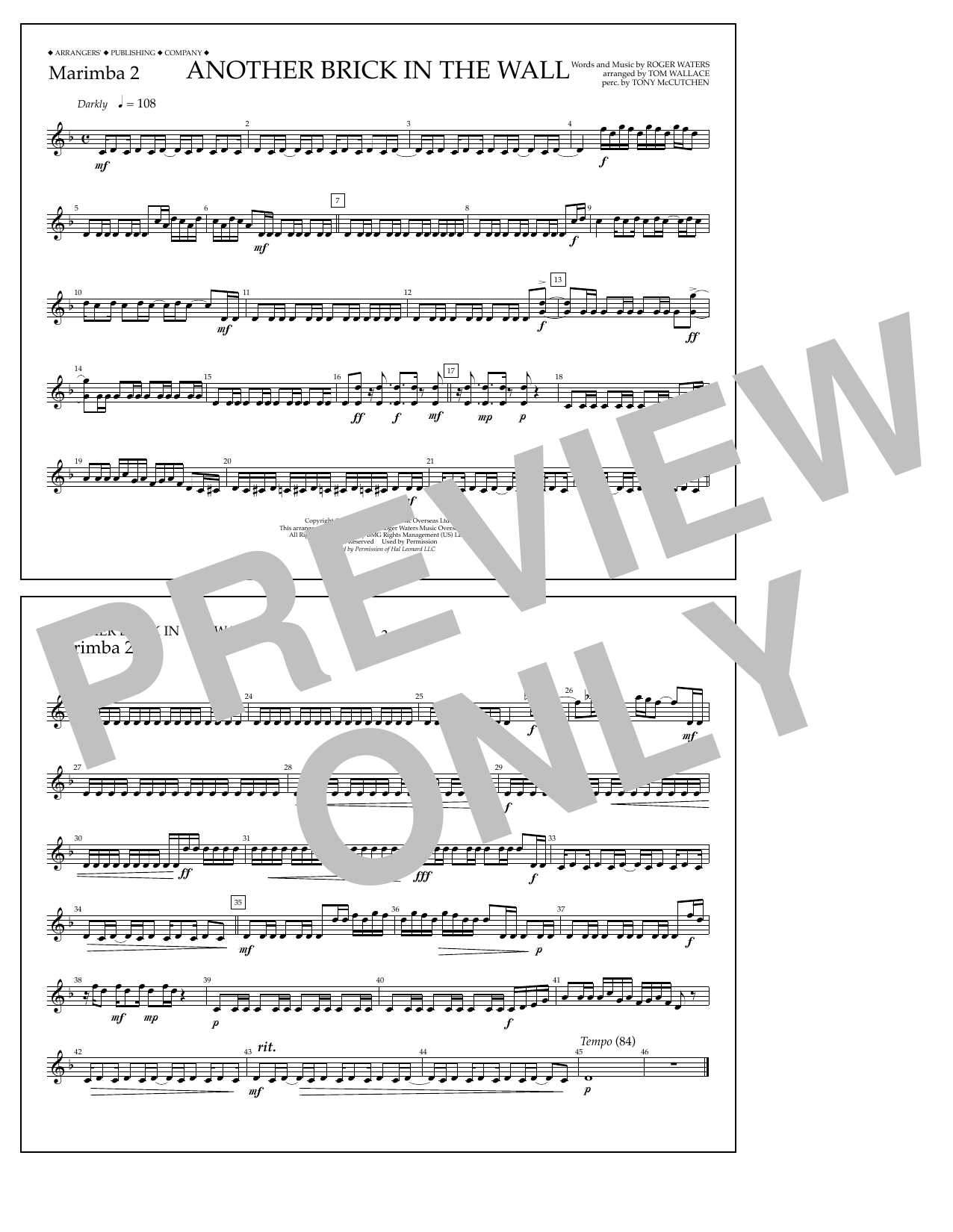 Download Tom Wallace Another Brick in the Wall - Marimba 2 Sheet Music and learn how to play Marching Band PDF digital score in minutes