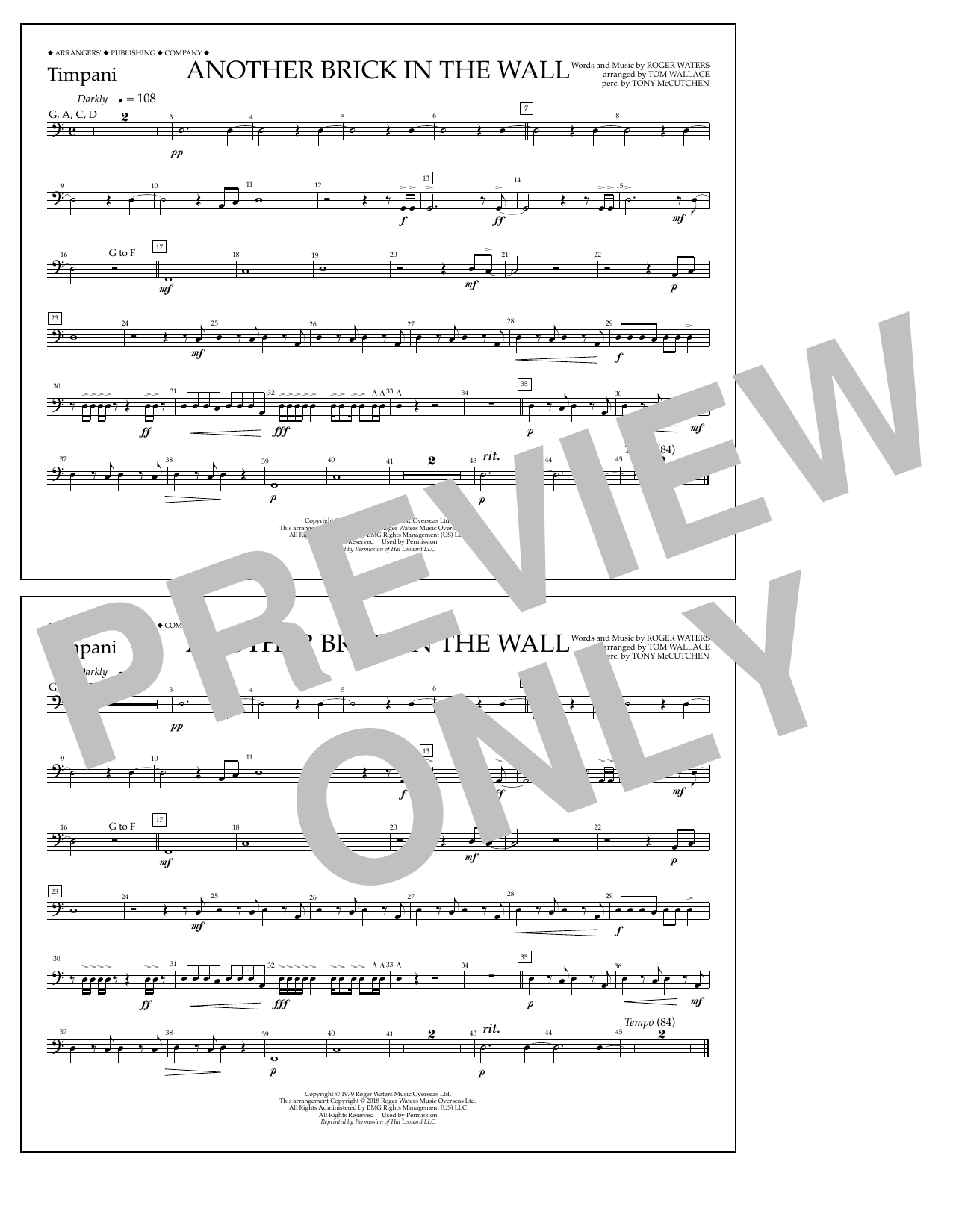 Download Tom Wallace Another Brick in the Wall - Timpani Sheet Music and learn how to play Marching Band PDF digital score in minutes