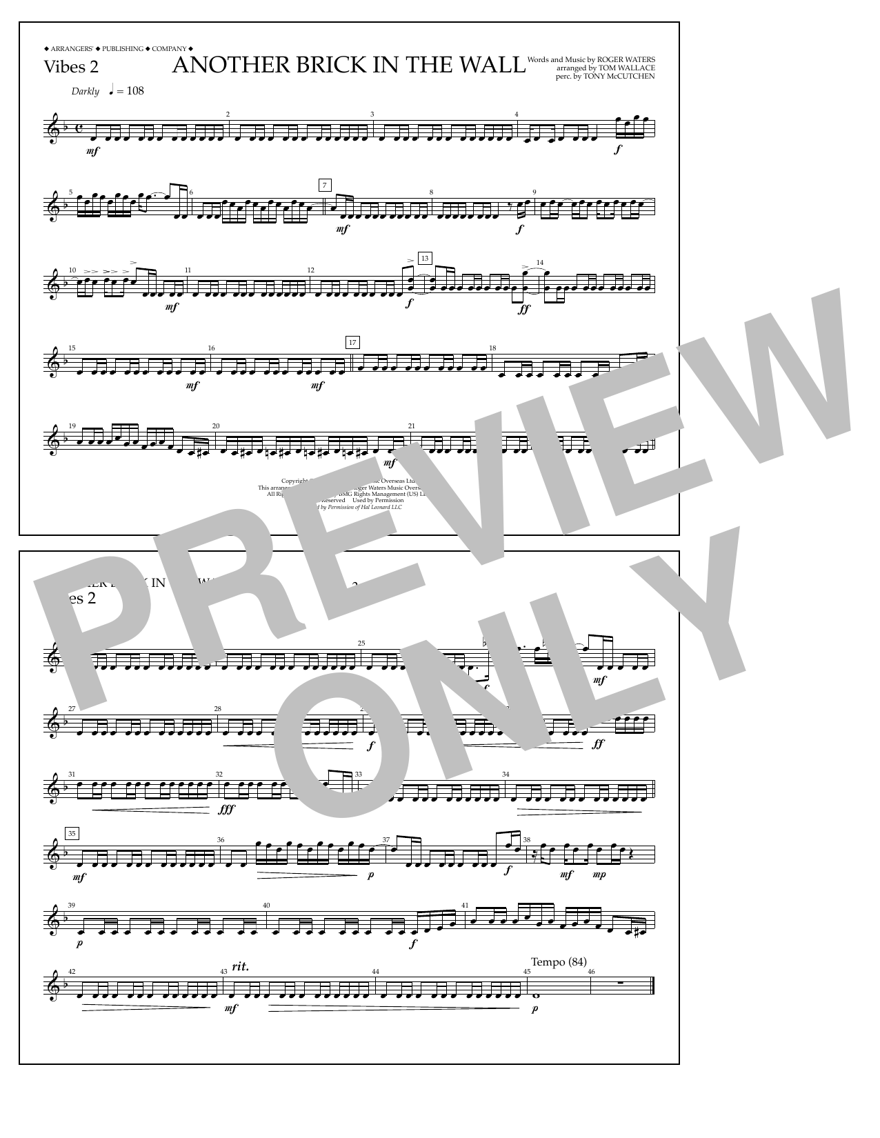 Download Tom Wallace Another Brick in the Wall - Vibes 2 Sheet Music and learn how to play Marching Band PDF digital score in minutes