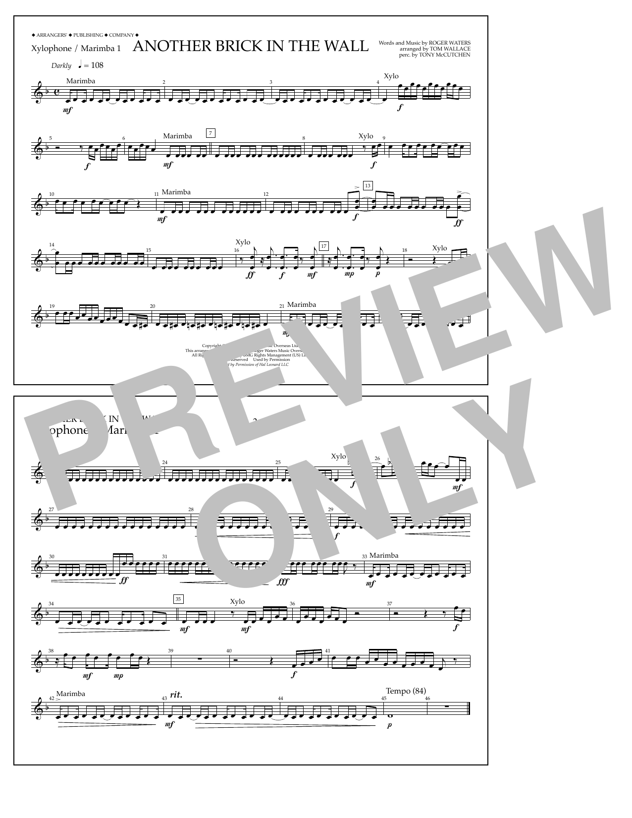 Download Tom Wallace Another Brick in the Wall - Xylophone/Marimba 1 Sheet Music and learn how to play Marching Band PDF digital score in minutes