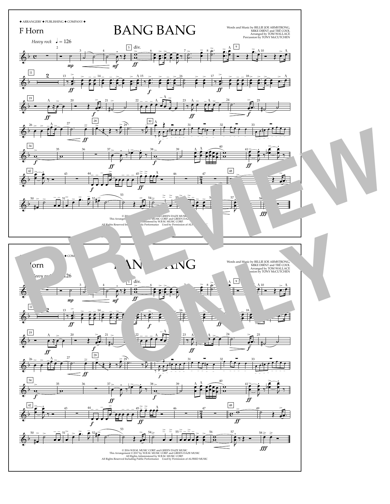 Download Tom Wallace Bang Bang - F Horn Sheet Music and learn how to play Marching Band PDF digital score in minutes