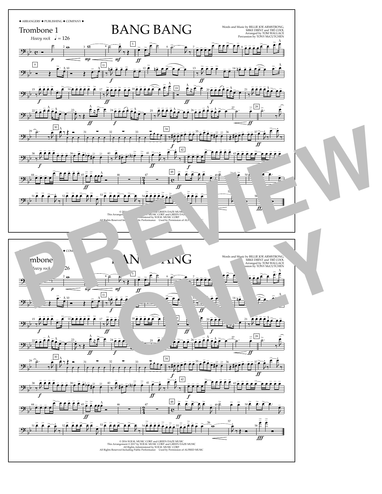Download Tom Wallace Bang Bang - Trombone 1 Sheet Music and learn how to play Marching Band PDF digital score in minutes