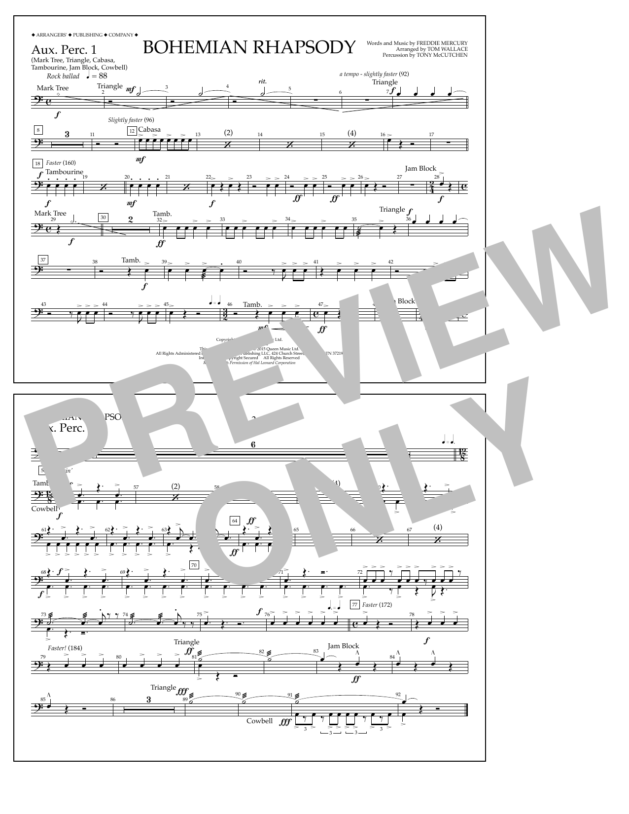 Download Tom Wallace Bohemian Rhapsody - Aux. Perc. 1 Sheet Music and learn how to play Marching Band PDF digital score in minutes