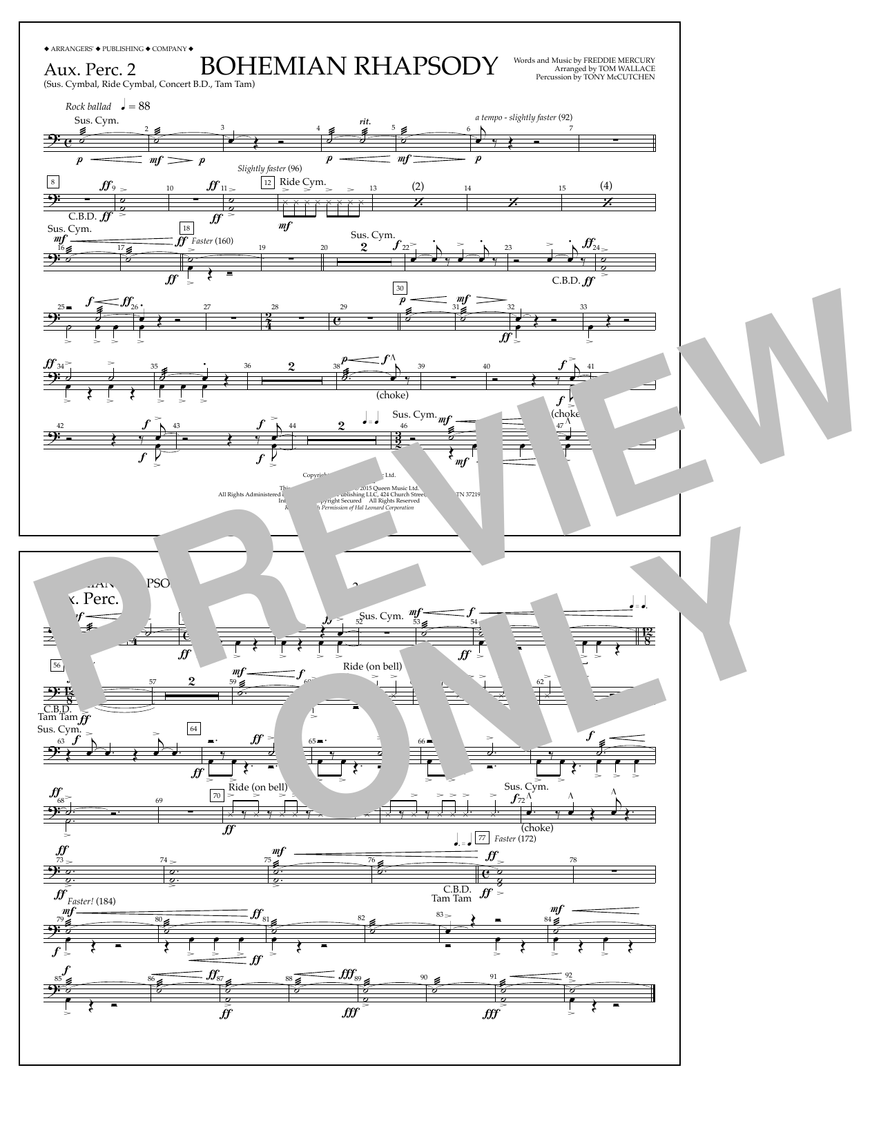 Download Tom Wallace Bohemian Rhapsody - Aux. Perc. 2 Sheet Music and learn how to play Marching Band PDF digital score in minutes
