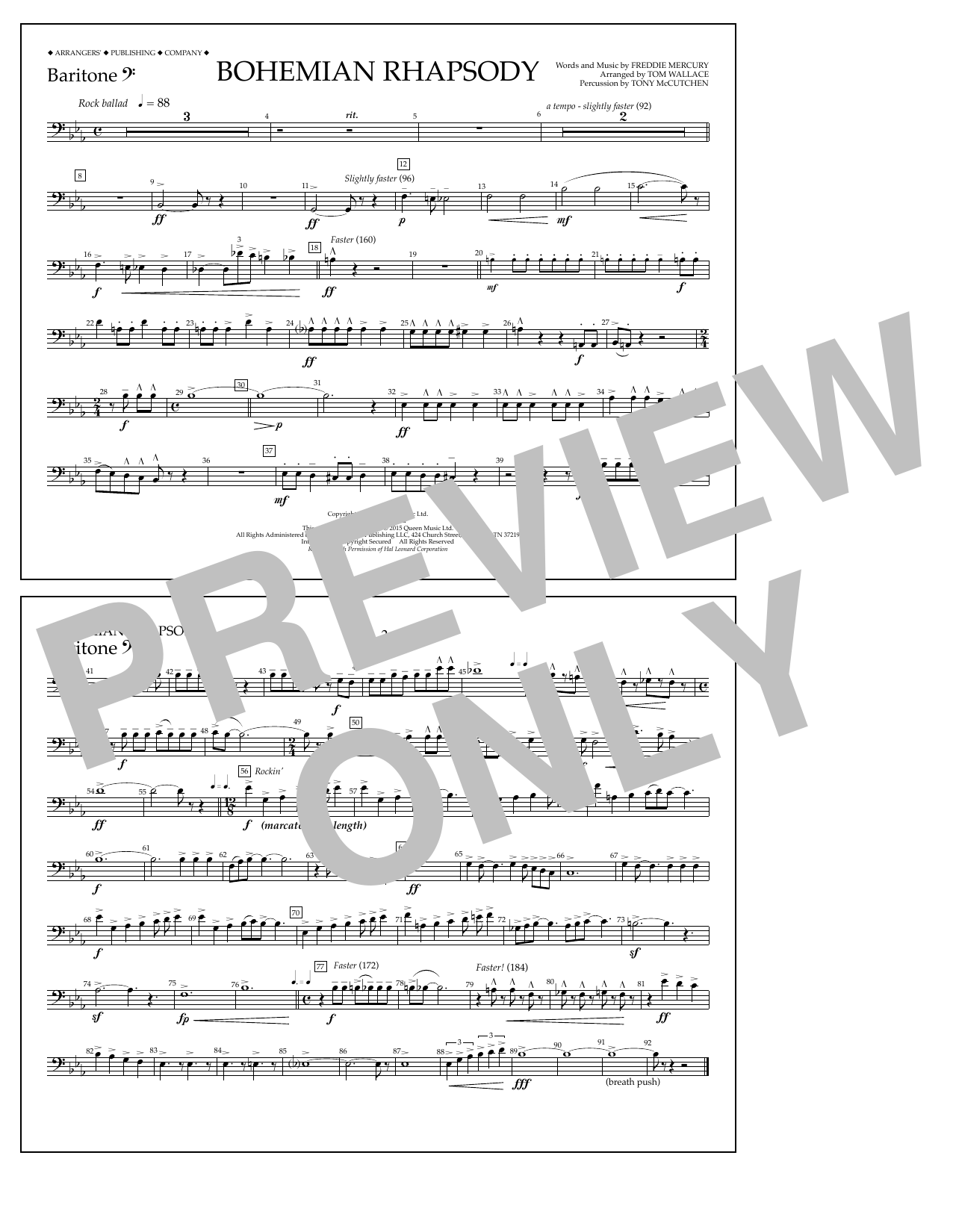 Download Tom Wallace Bohemian Rhapsody - Baritone B.C. Sheet Music and learn how to play Marching Band PDF digital score in minutes