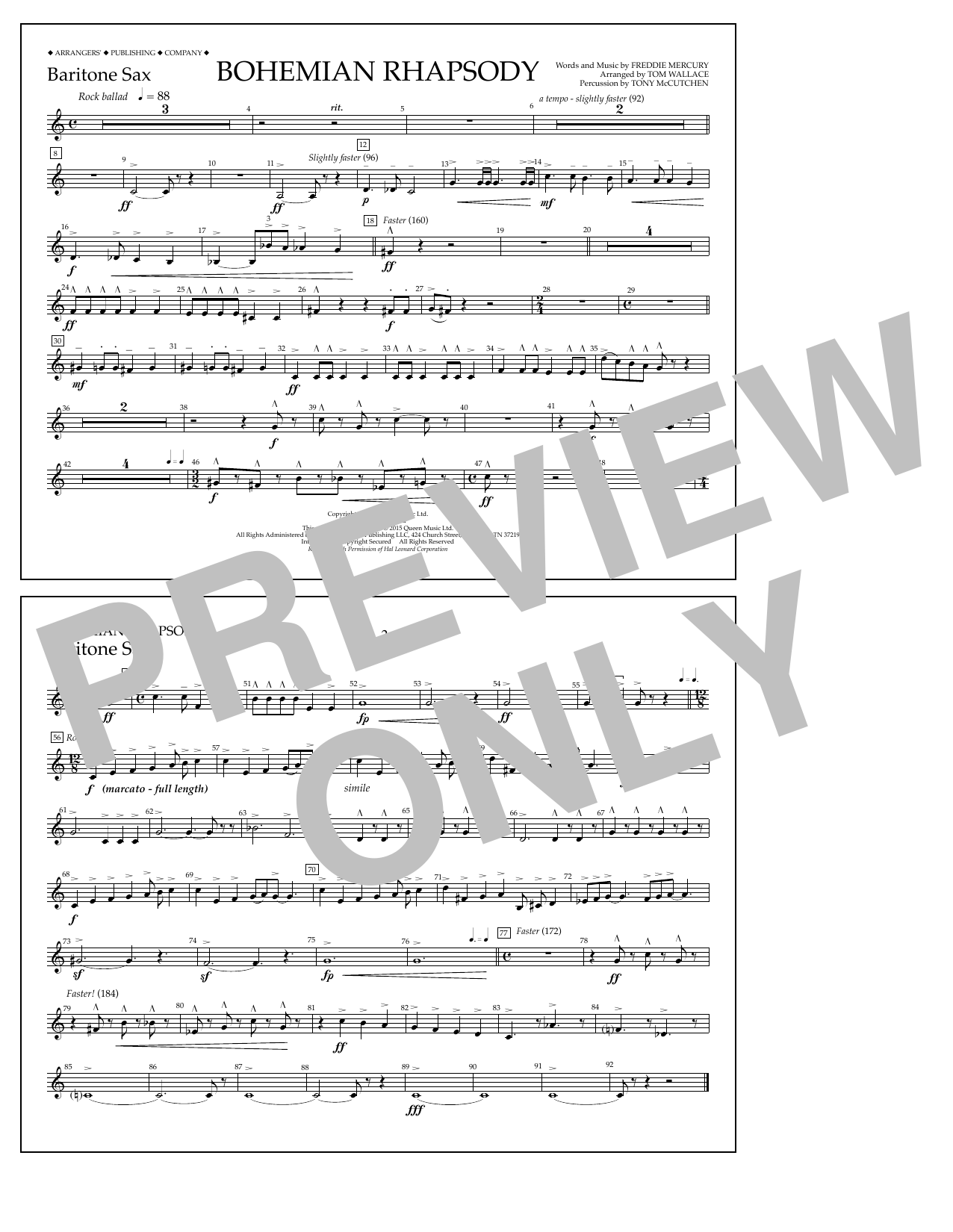 Download Tom Wallace Bohemian Rhapsody - Baritone Sax Sheet Music and learn how to play Marching Band PDF digital score in minutes