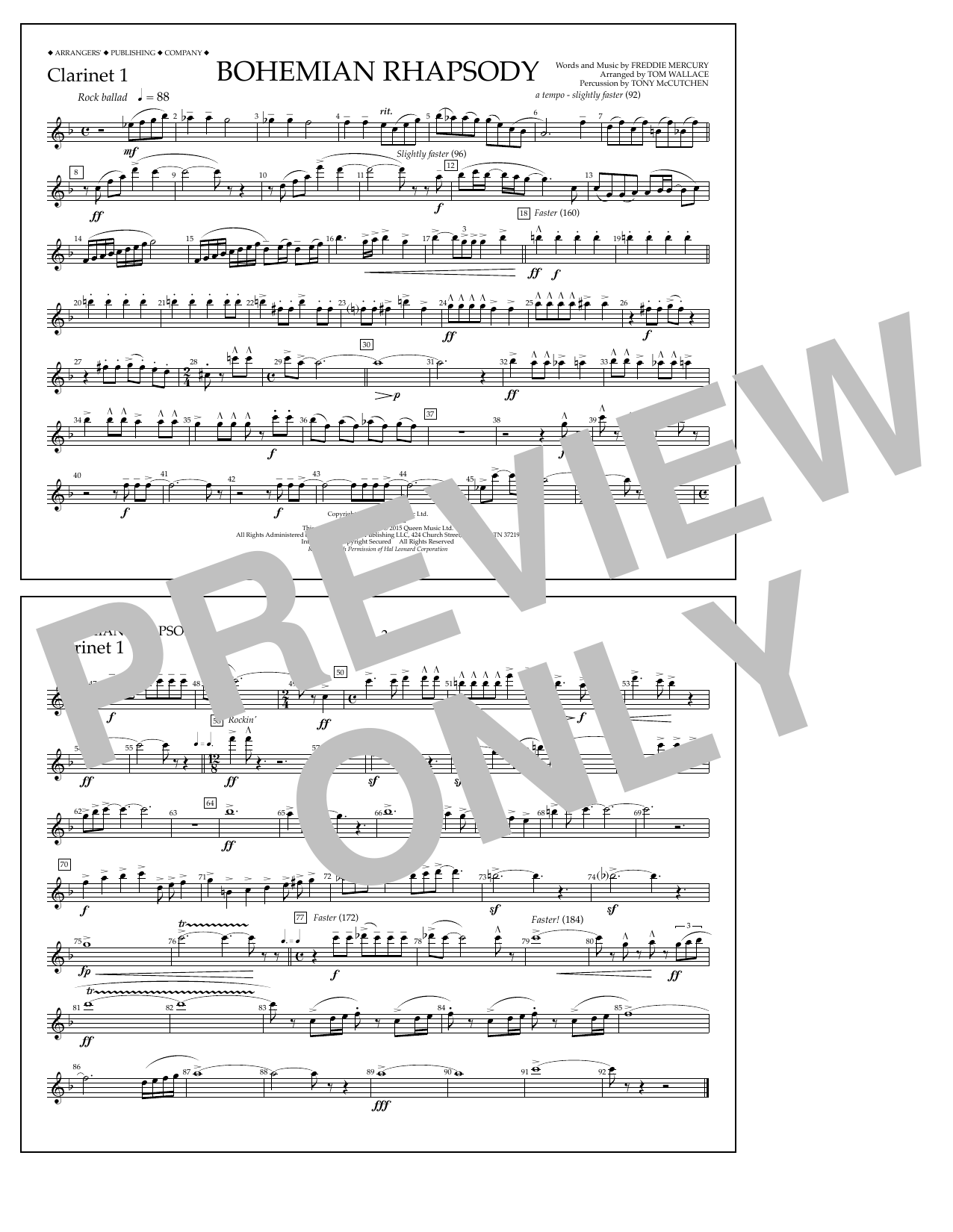 Download Tom Wallace Bohemian Rhapsody - Clarinet 1 Sheet Music and learn how to play Marching Band PDF digital score in minutes