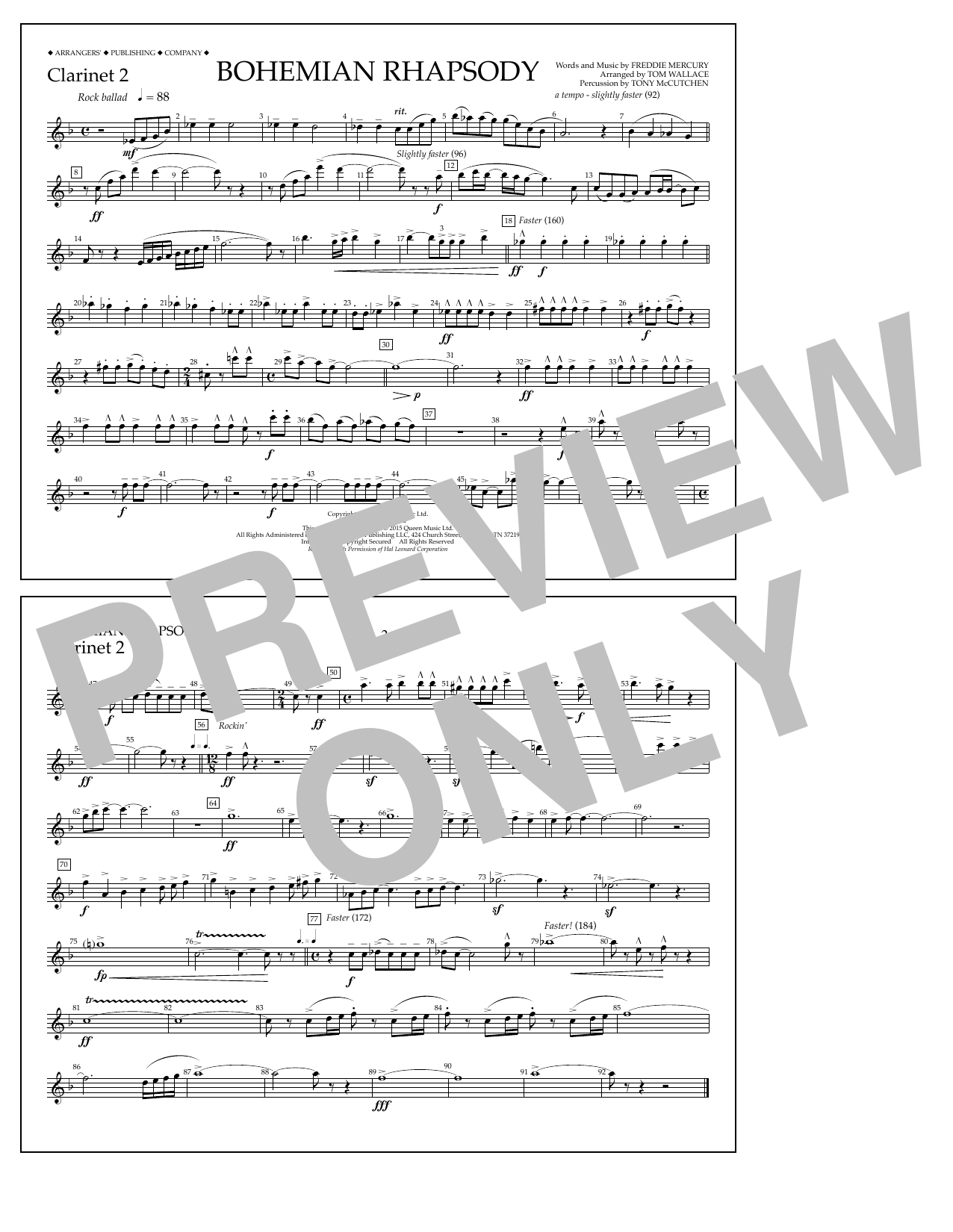 Download Tom Wallace Bohemian Rhapsody - Clarinet 2 Sheet Music and learn how to play Marching Band PDF digital score in minutes