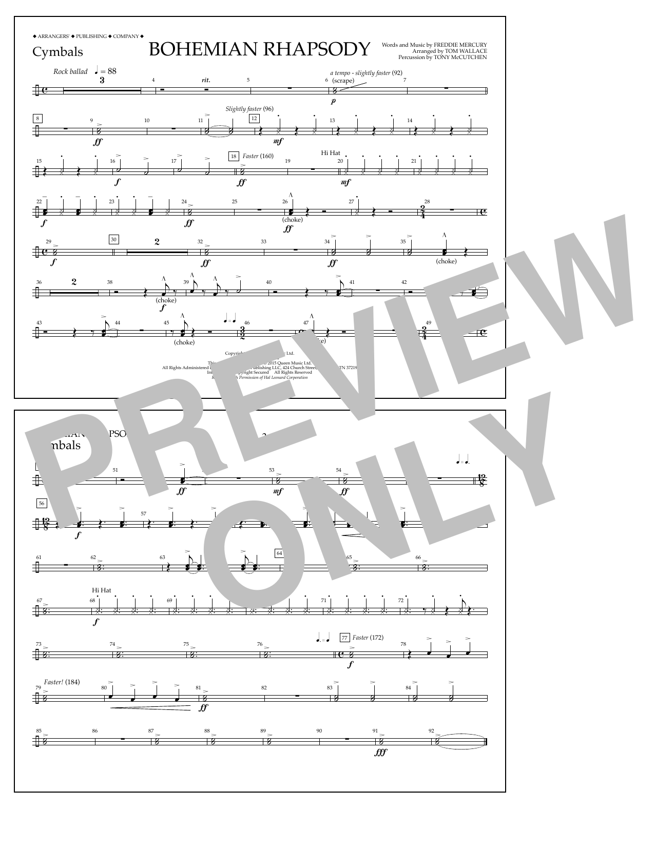 Download Tom Wallace Bohemian Rhapsody - Cymbals Sheet Music and learn how to play Marching Band PDF digital score in minutes