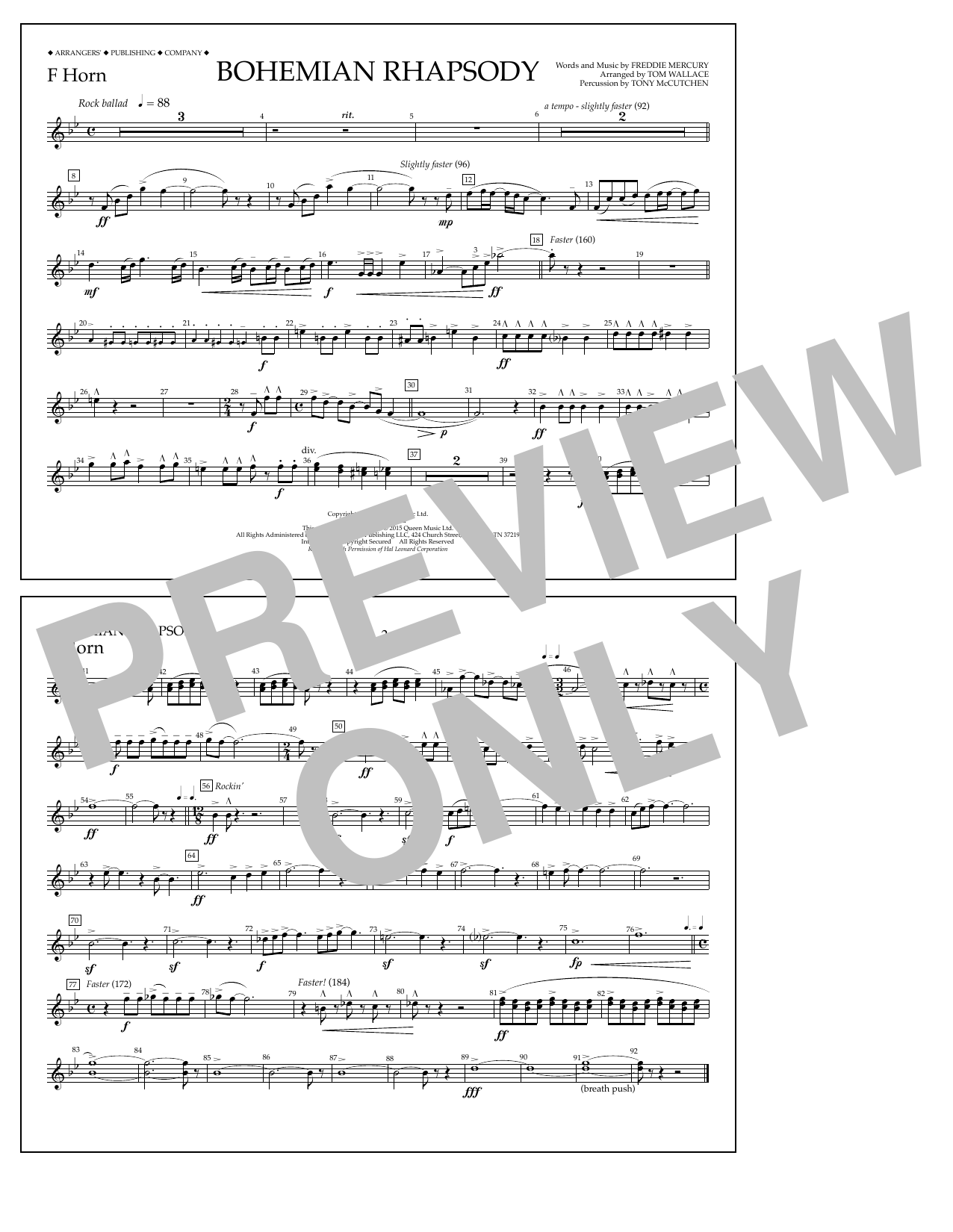 Download Tom Wallace Bohemian Rhapsody - F Horn Sheet Music and learn how to play Marching Band PDF digital score in minutes