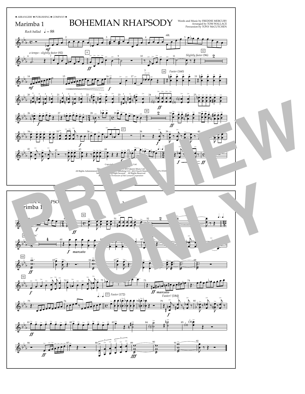 Download Tom Wallace Bohemian Rhapsody - Marimba 1 Sheet Music and learn how to play Marching Band PDF digital score in minutes