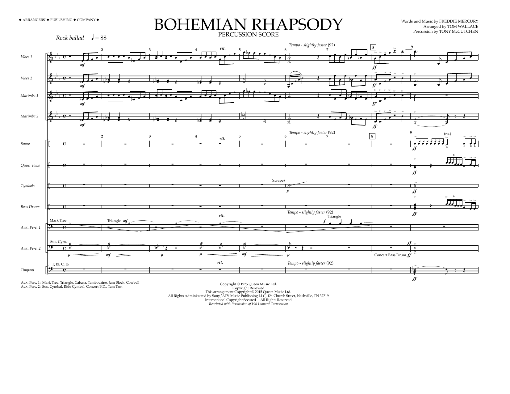 Download Tom Wallace Bohemian Rhapsody - Percussion Score Sheet Music and learn how to play Marching Band PDF digital score in minutes