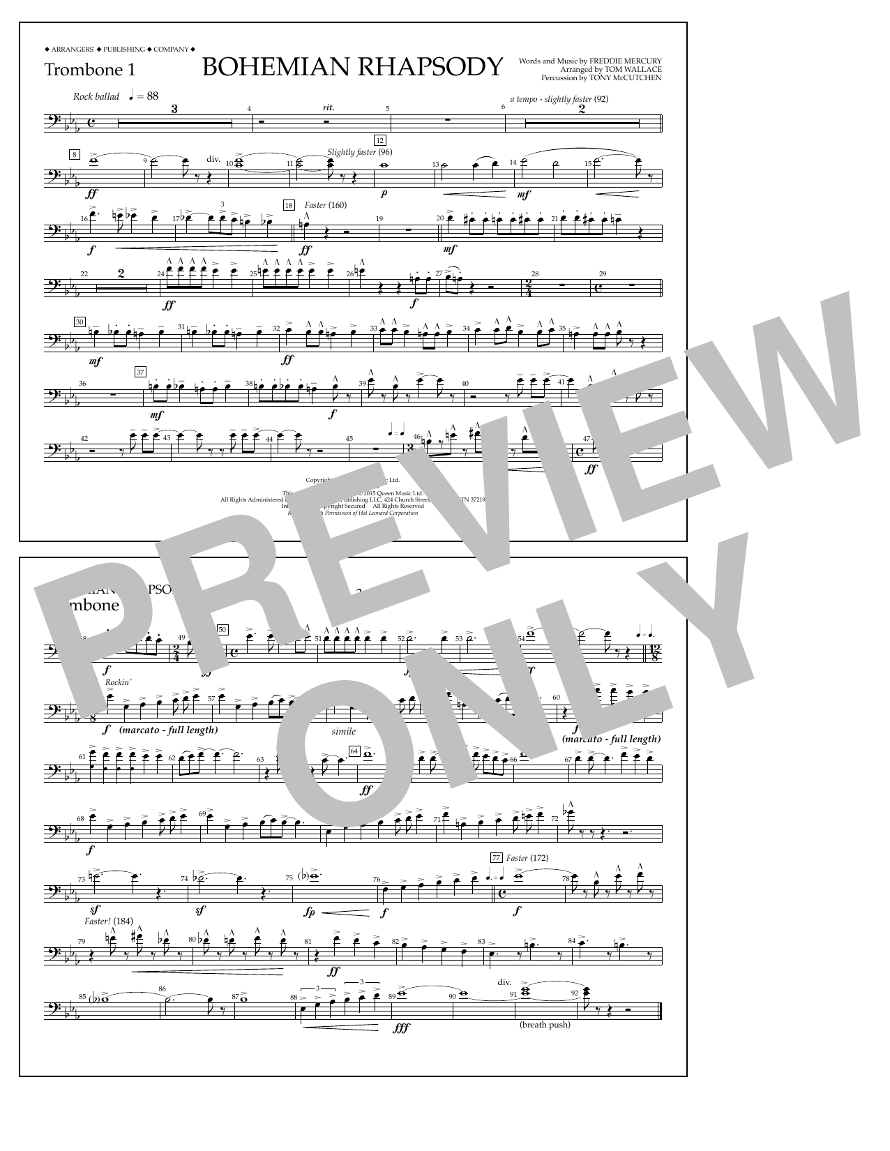 Download Tom Wallace Bohemian Rhapsody - Trombone 1 Sheet Music and learn how to play Marching Band PDF digital score in minutes