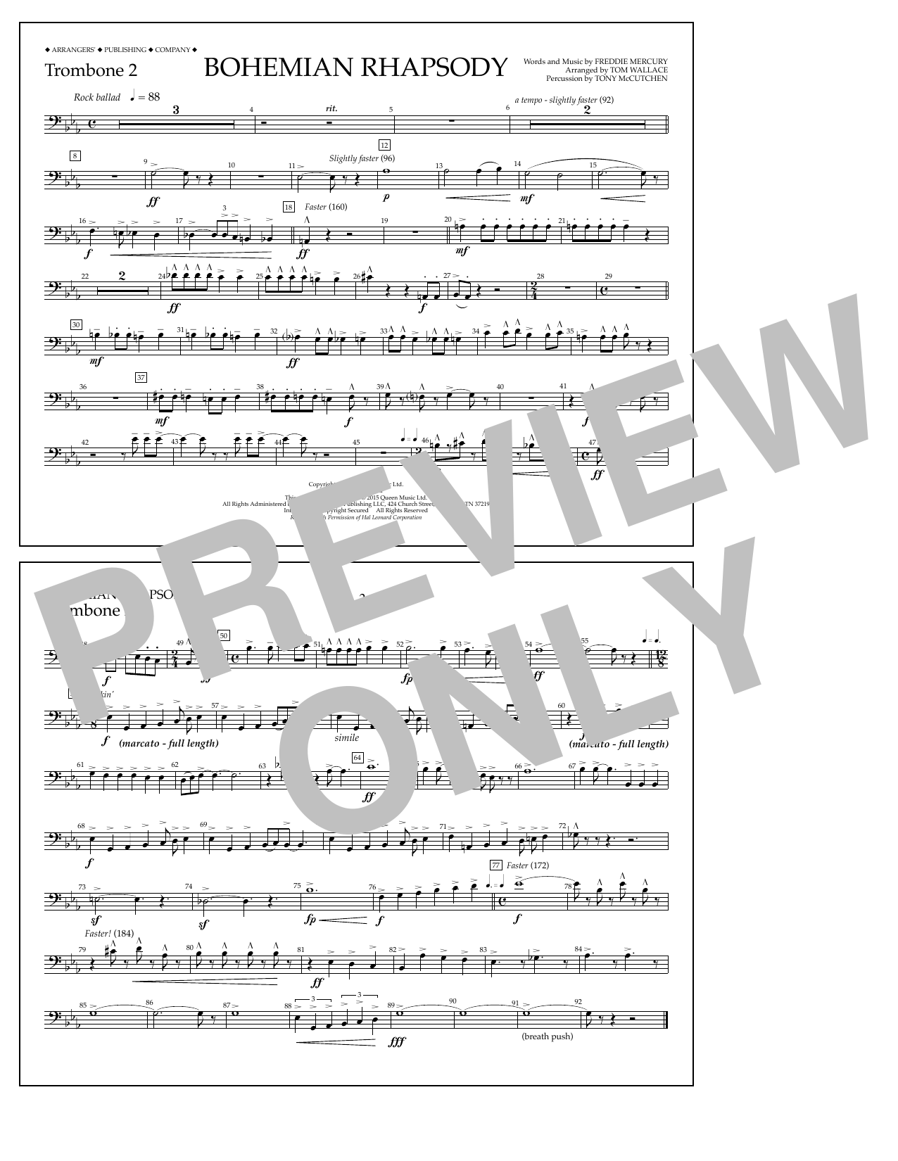 Download Tom Wallace Bohemian Rhapsody - Trombone 2 Sheet Music and learn how to play Marching Band PDF digital score in minutes