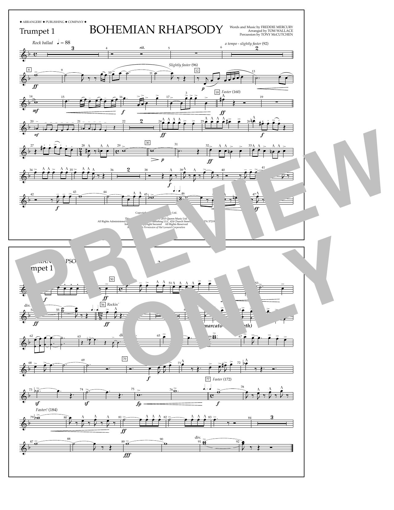 Download Tom Wallace Bohemian Rhapsody - Trumpet 1 Sheet Music and learn how to play Marching Band PDF digital score in minutes