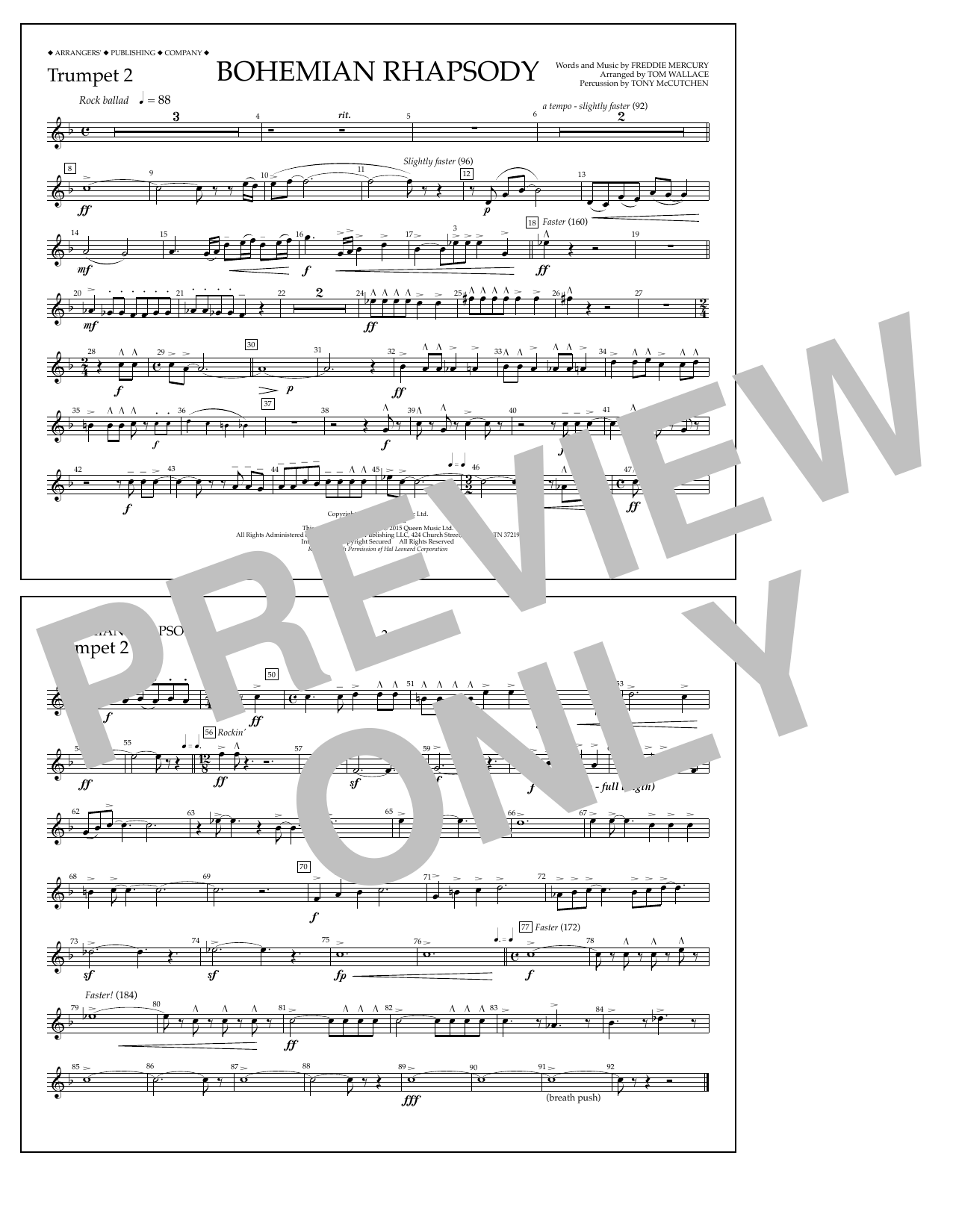 Download Tom Wallace Bohemian Rhapsody - Trumpet 2 Sheet Music and learn how to play Marching Band PDF digital score in minutes