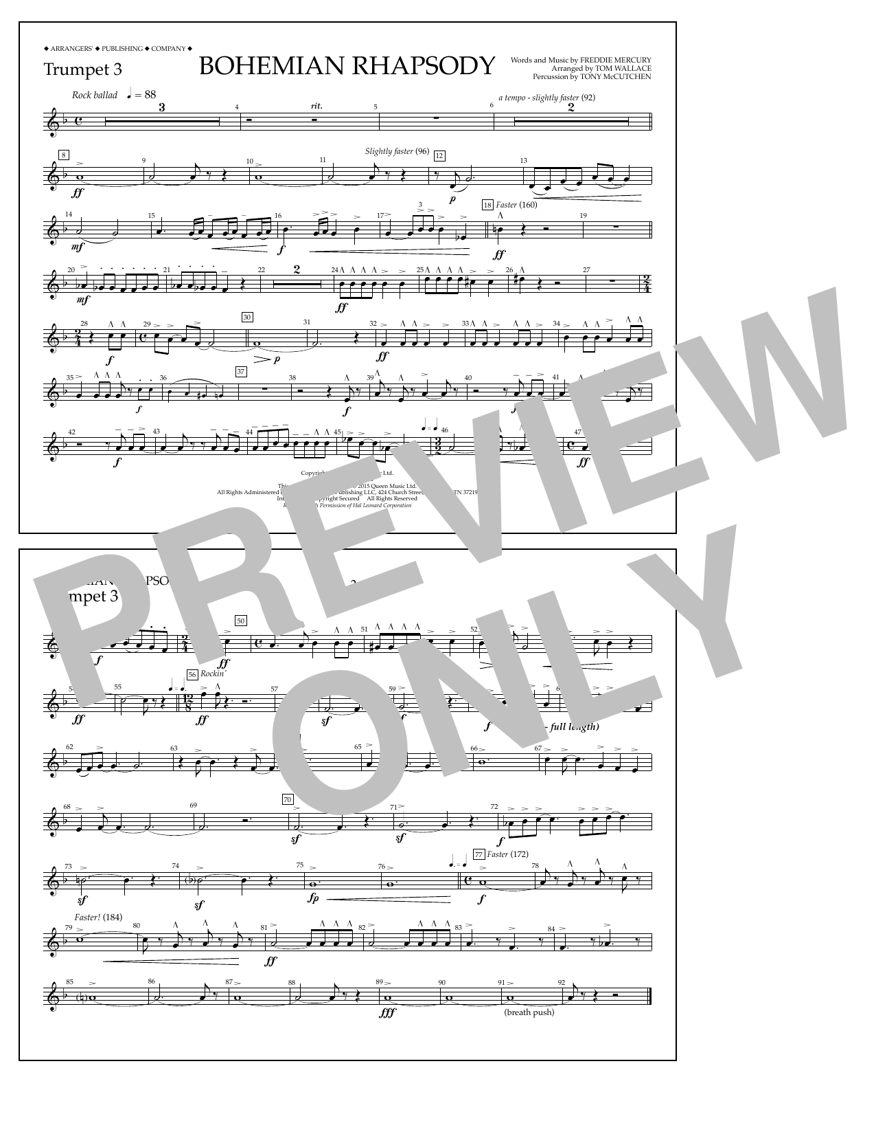 Download Tom Wallace Bohemian Rhapsody - Trumpet 3 Sheet Music and learn how to play Marching Band PDF digital score in minutes