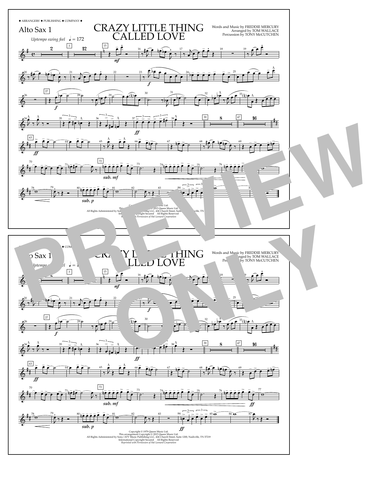 Download Tom Wallace Crazy Little Thing Called Love - Alto Sax 1 Sheet Music and learn how to play Marching Band PDF digital score in minutes