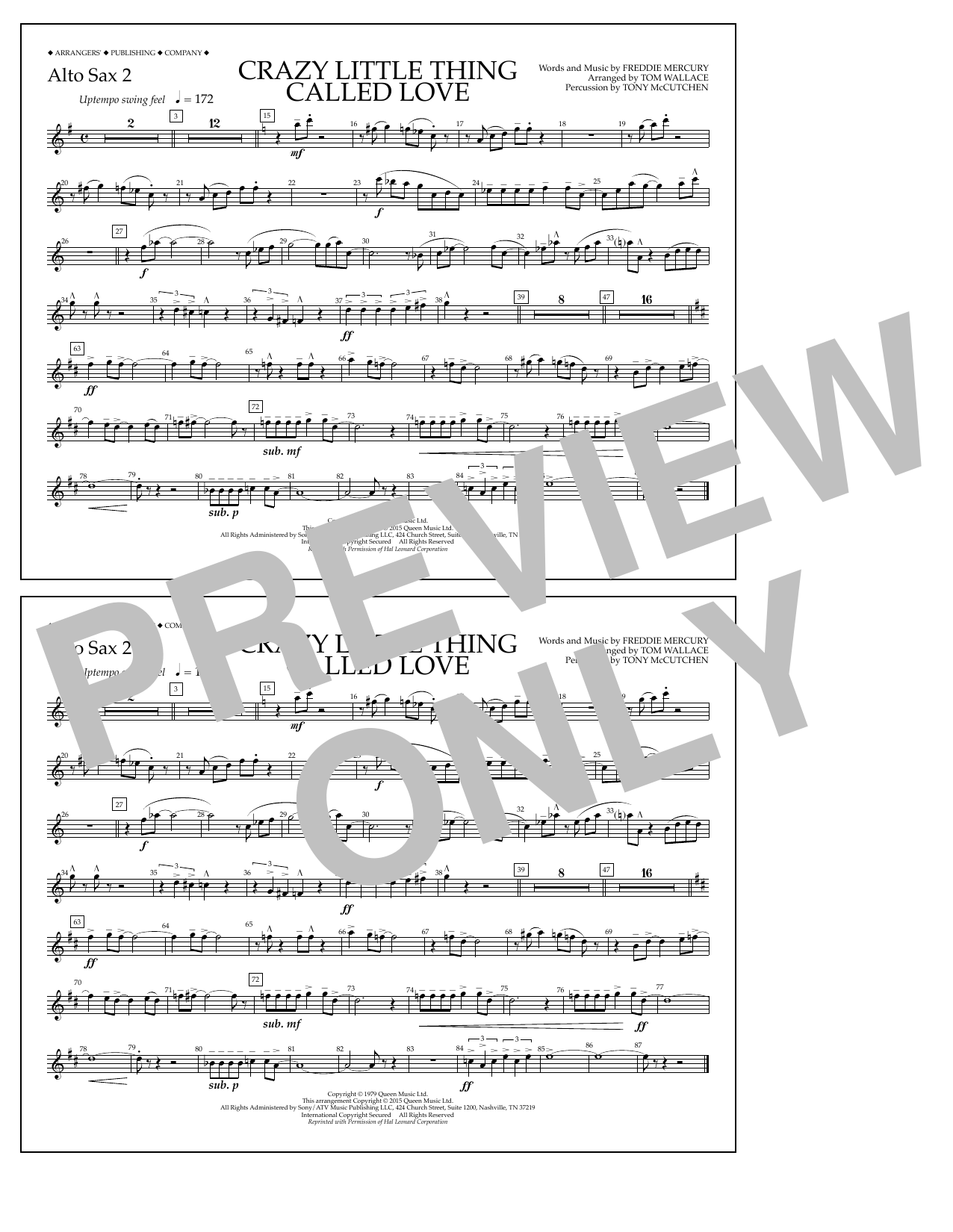 Download Tom Wallace Crazy Little Thing Called Love - Alto Sax 2 Sheet Music and learn how to play Marching Band PDF digital score in minutes