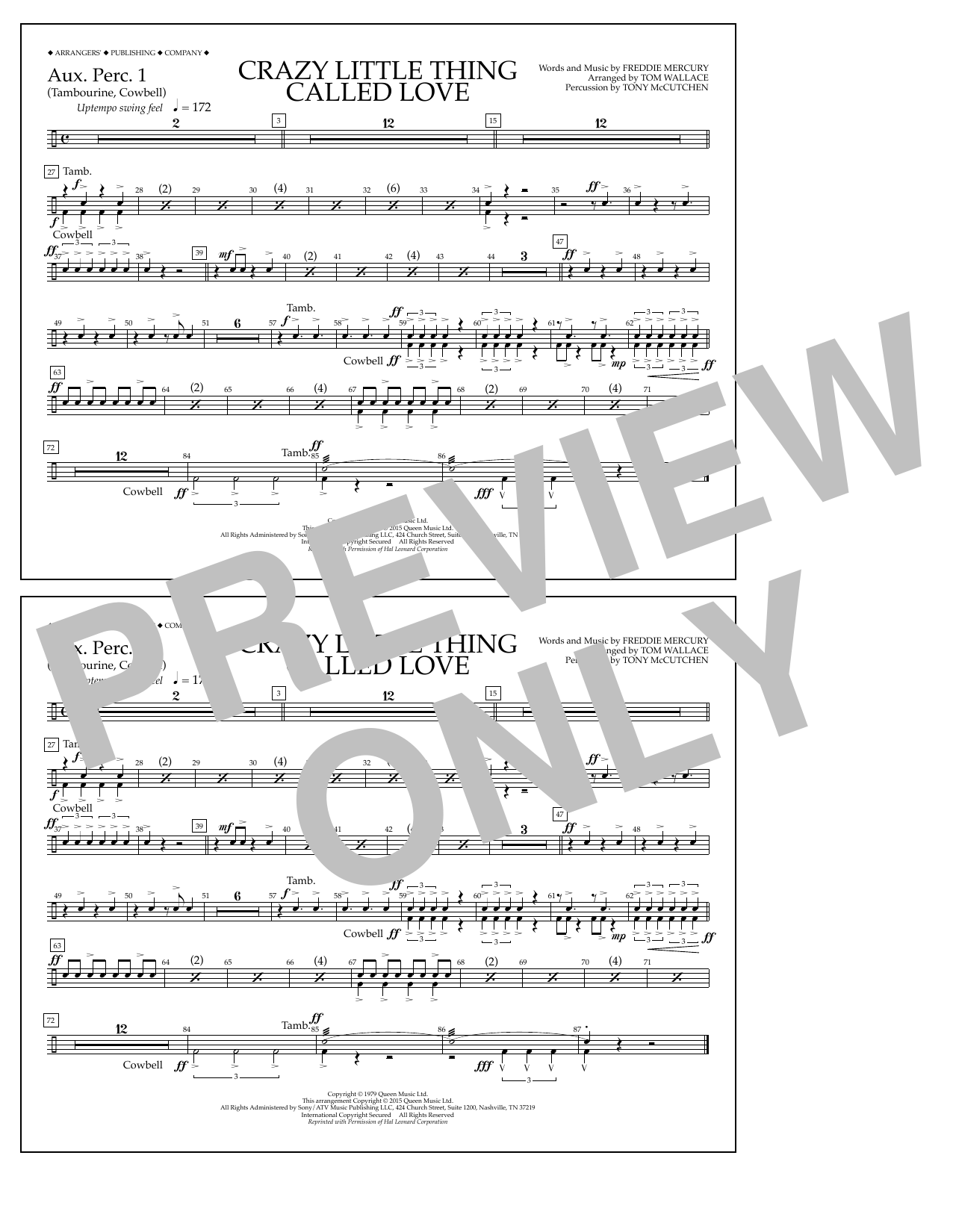 Download Tom Wallace Crazy Little Thing Called Love - Aux. Perc. 1 Sheet Music and learn how to play Marching Band PDF digital score in minutes