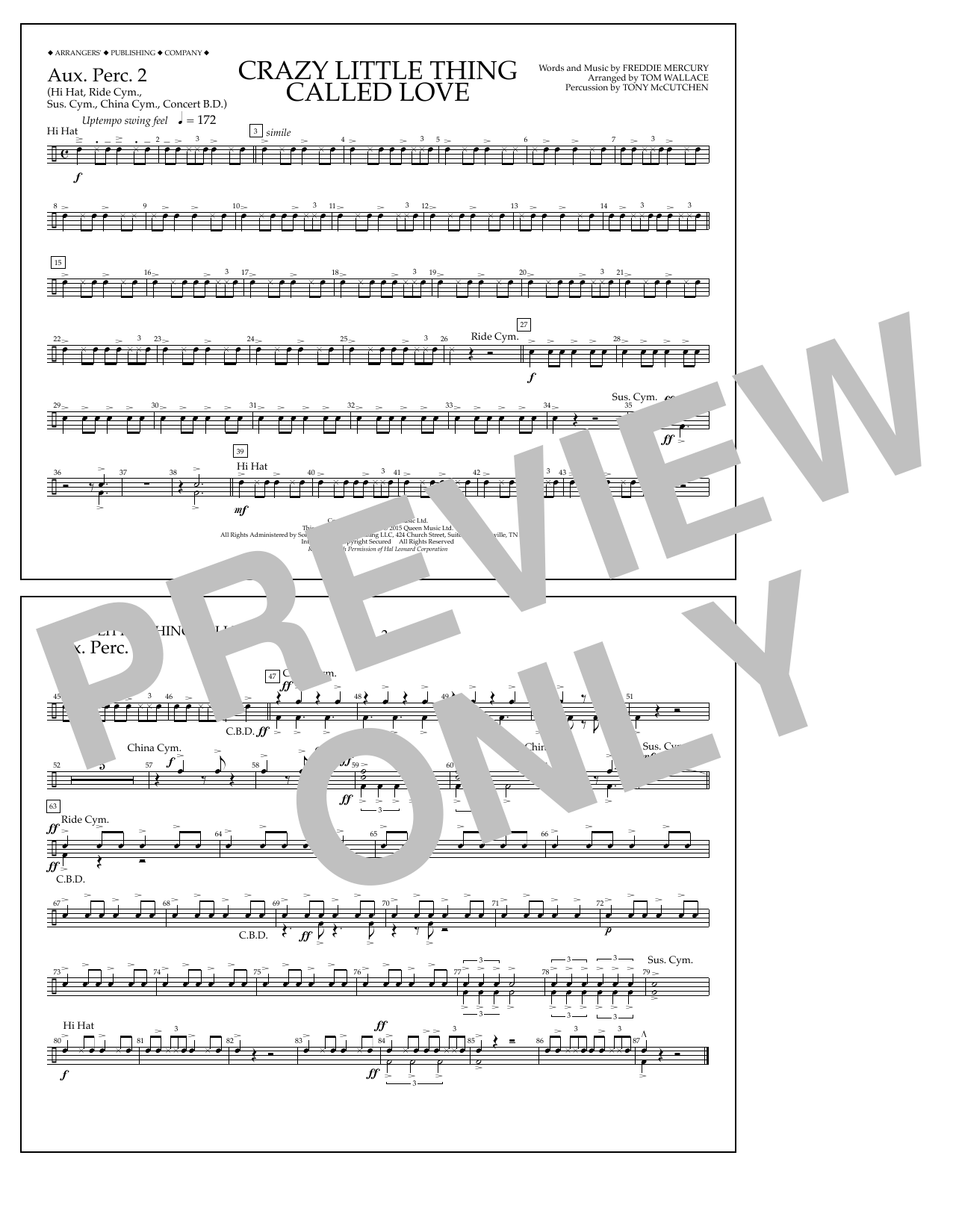 Download Tom Wallace Crazy Little Thing Called Love - Aux. Perc. 2 Sheet Music and learn how to play Marching Band PDF digital score in minutes
