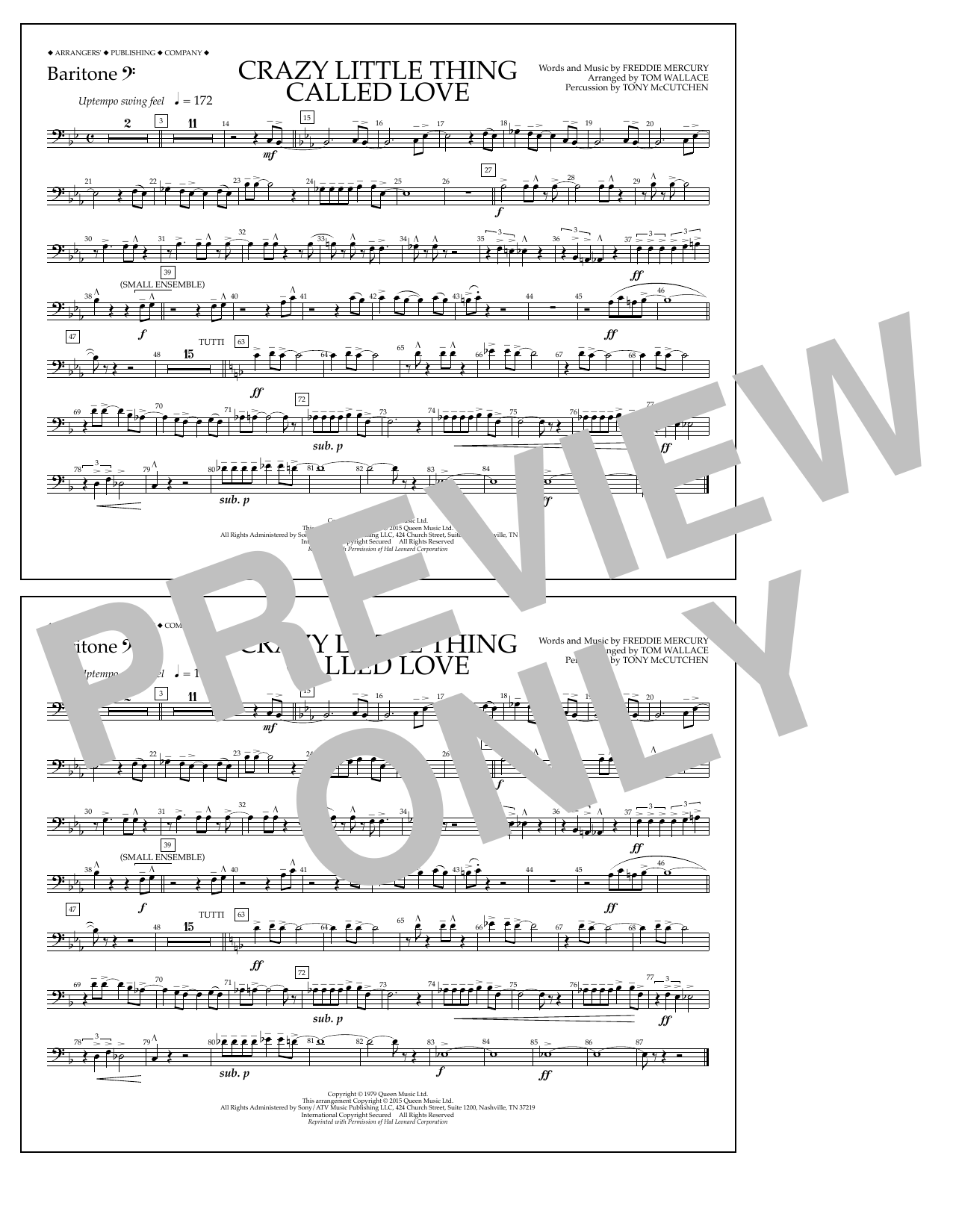 Download Tom Wallace Crazy Little Thing Called Love - Baritone B.C. Sheet Music and learn how to play Marching Band PDF digital score in minutes