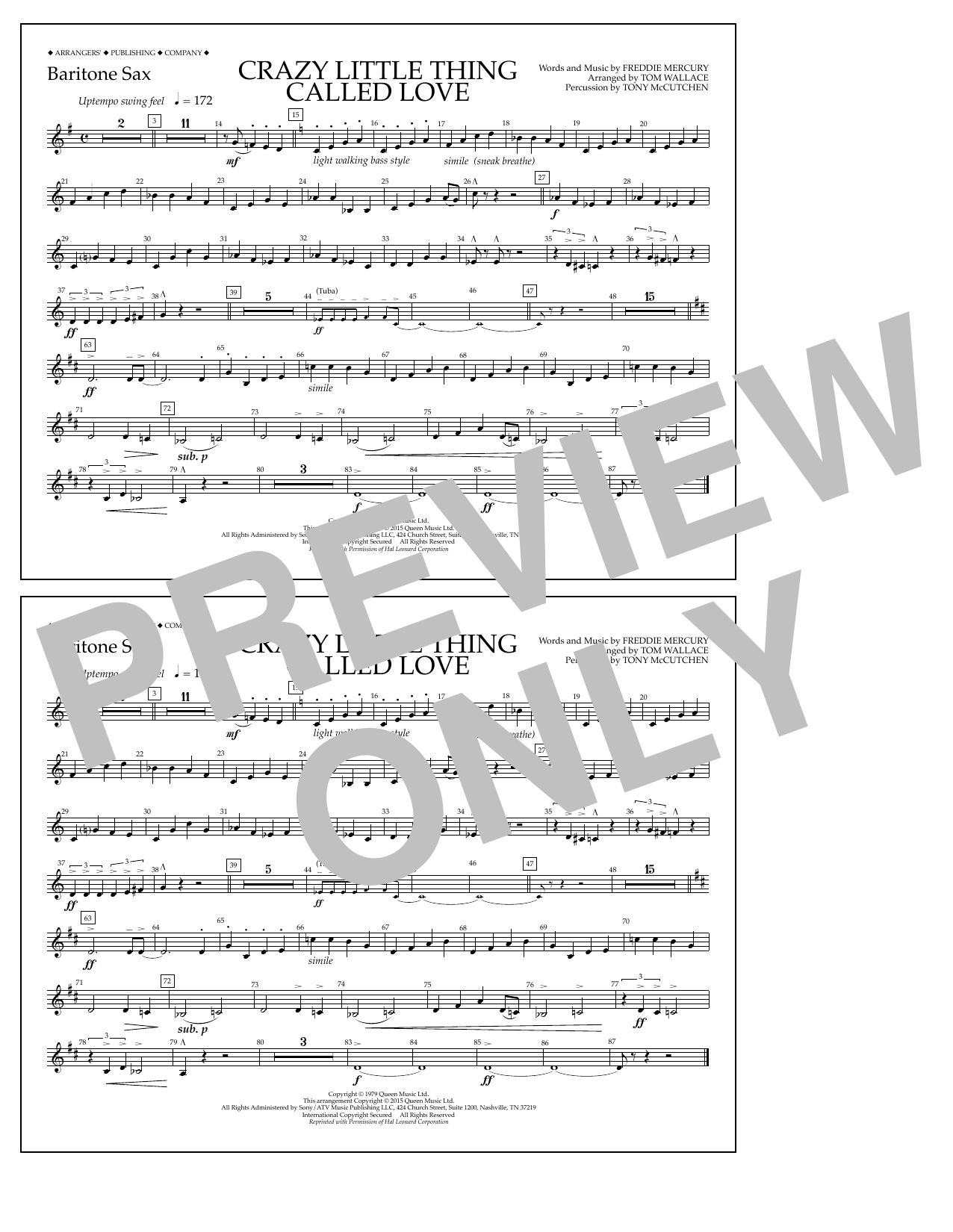 Download Tom Wallace Crazy Little Thing Called Love - Baritone Sax Sheet Music and learn how to play Marching Band PDF digital score in minutes