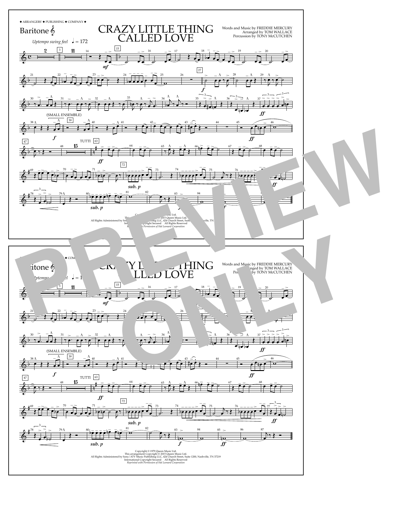 Download Tom Wallace Crazy Little Thing Called Love - Baritone T.C. Sheet Music and learn how to play Marching Band PDF digital score in minutes