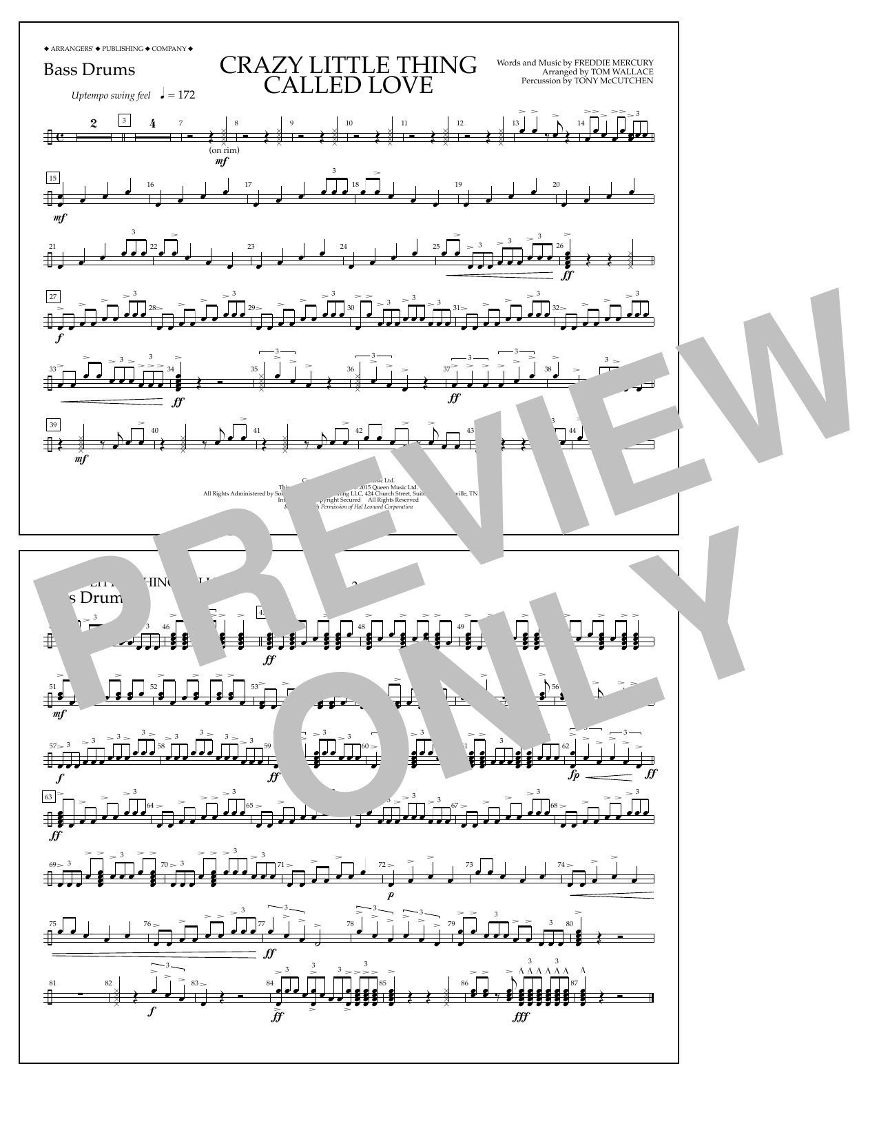 Download Tom Wallace Crazy Little Thing Called Love - Bass Drums Sheet Music and learn how to play Marching Band PDF digital score in minutes