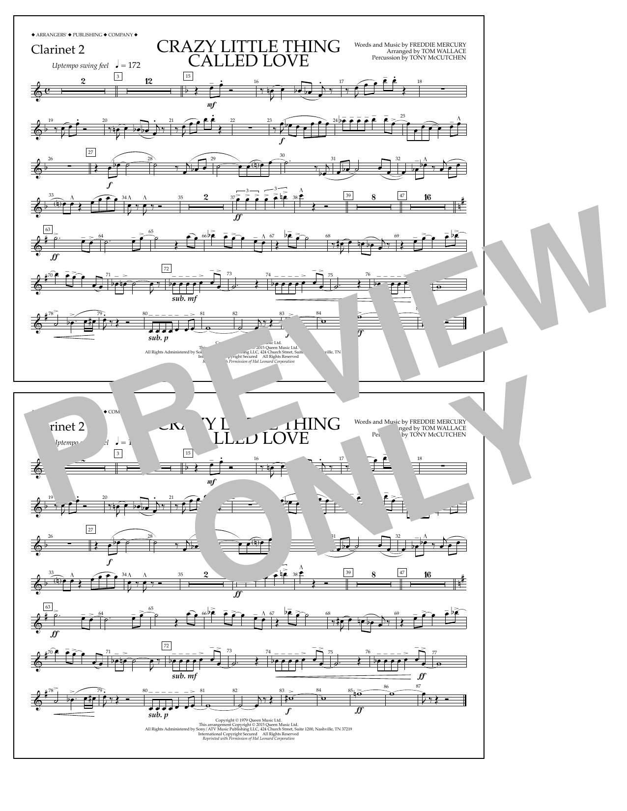 Download Tom Wallace Crazy Little Thing Called Love - Clarinet 2 Sheet Music and learn how to play Marching Band PDF digital score in minutes