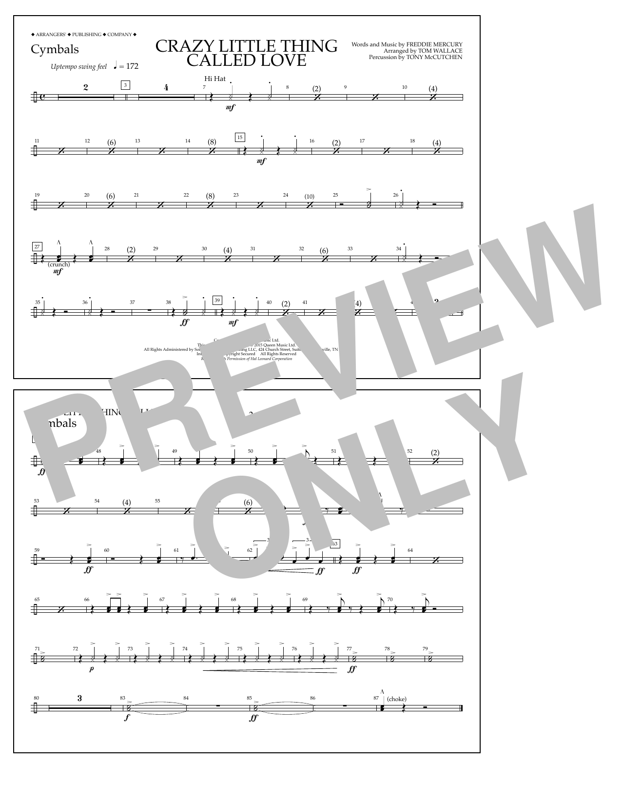 Download Tom Wallace Crazy Little Thing Called Love - Cymbals Sheet Music and learn how to play Marching Band PDF digital score in minutes