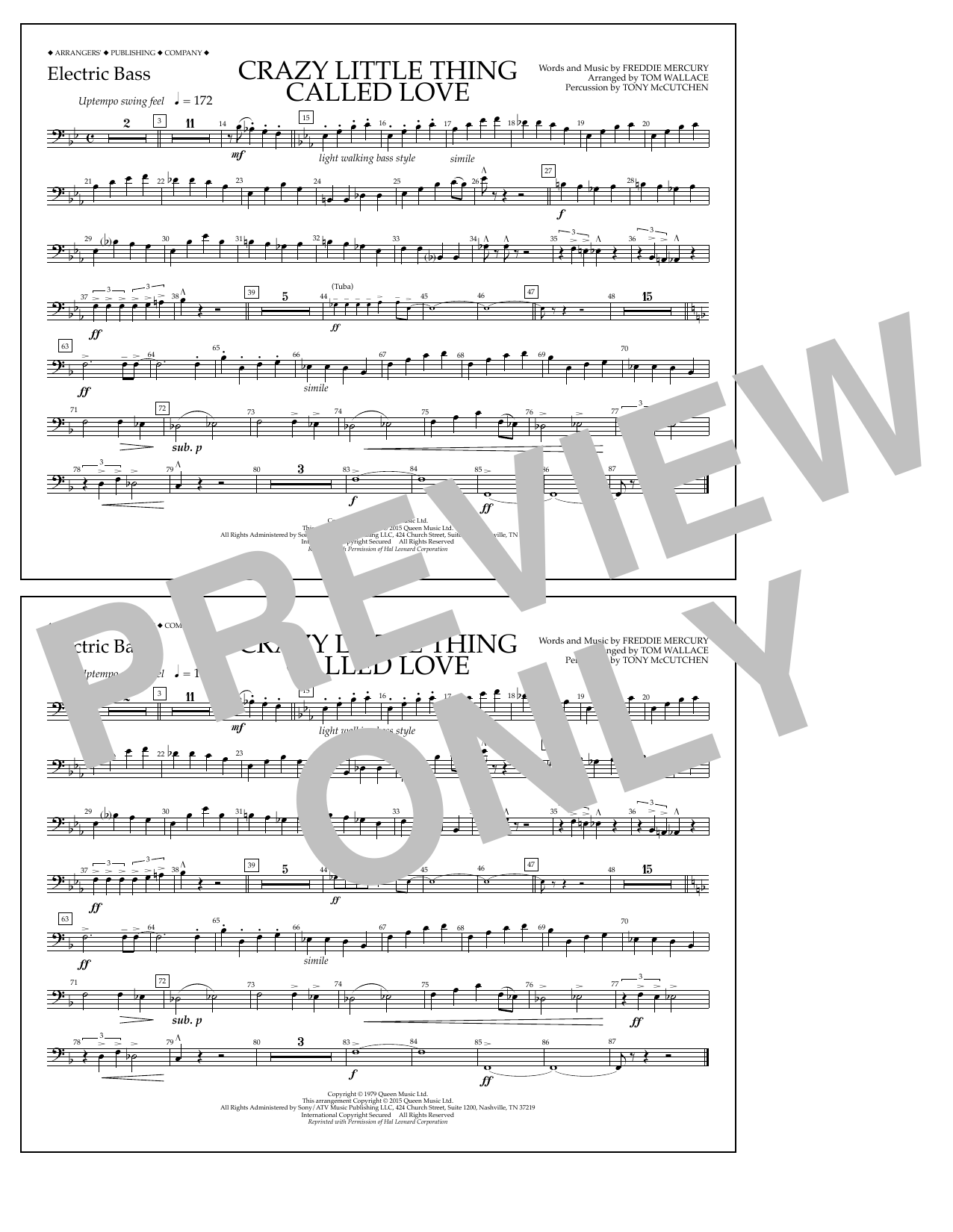 Download Tom Wallace Crazy Little Thing Called Love - Electric Bass Sheet Music and learn how to play Marching Band PDF digital score in minutes