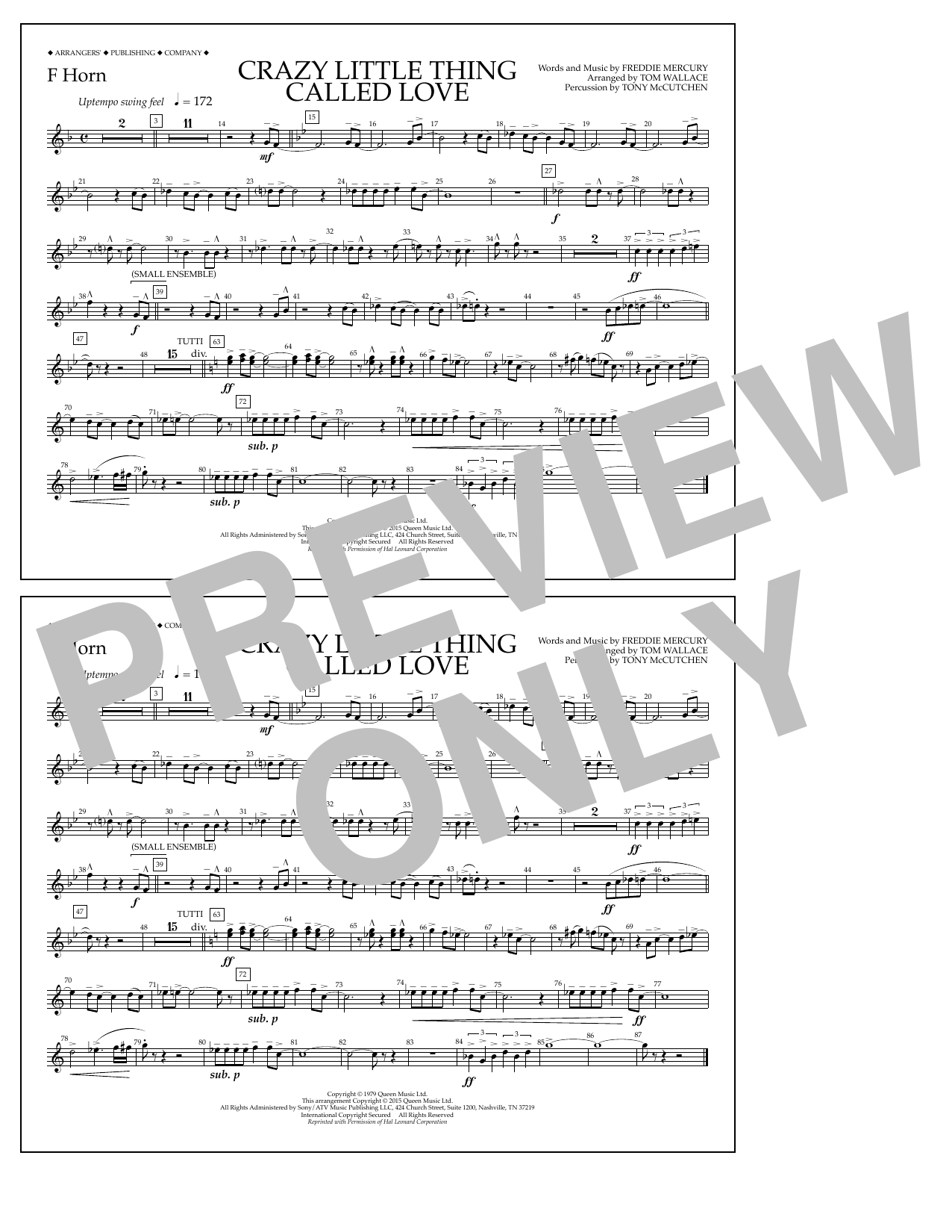 Download Tom Wallace Crazy Little Thing Called Love - F Horn Sheet Music and learn how to play Marching Band PDF digital score in minutes