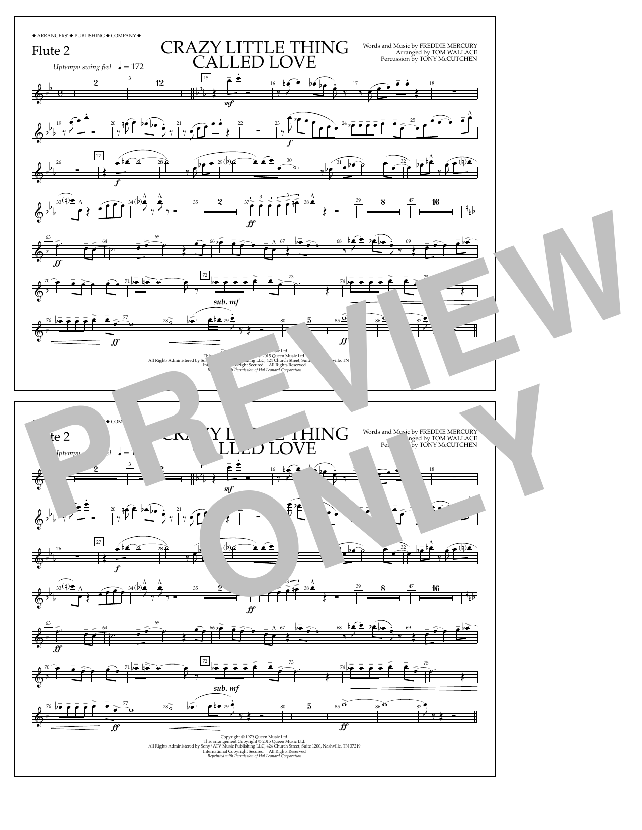 Download Tom Wallace Crazy Little Thing Called Love - Flute 2 Sheet Music and learn how to play Marching Band PDF digital score in minutes