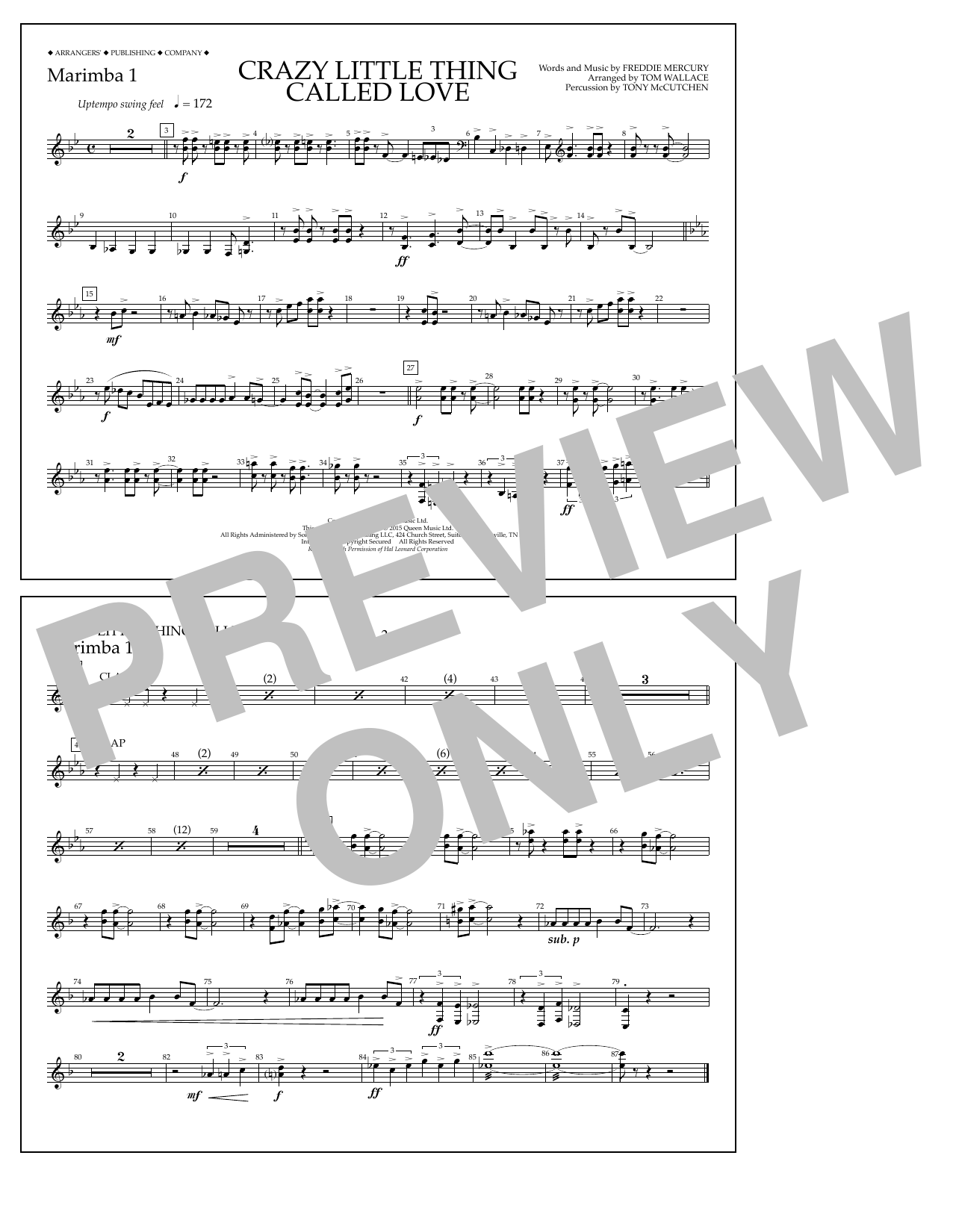 Download Tom Wallace Crazy Little Thing Called Love - Marimba 1 Sheet Music and learn how to play Marching Band PDF digital score in minutes