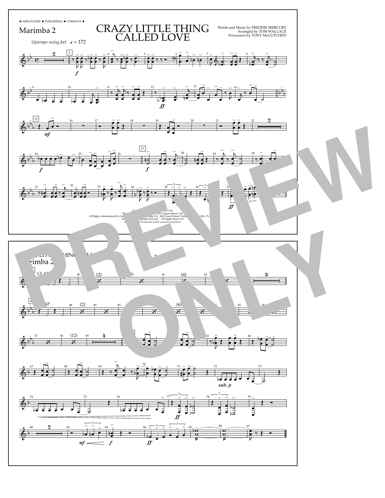 Download Tom Wallace Crazy Little Thing Called Love - Marimba 2 Sheet Music and learn how to play Marching Band PDF digital score in minutes