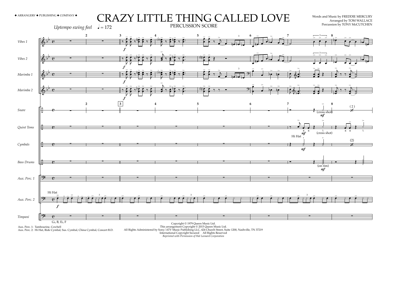 Download Tom Wallace Crazy Little Thing Called Love - Percussion Score Sheet Music and learn how to play Marching Band PDF digital score in minutes