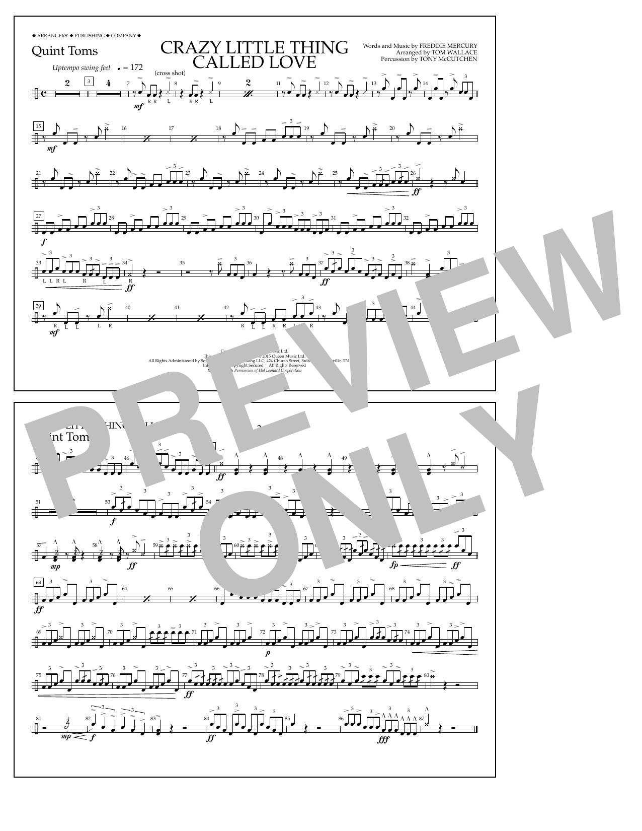 Download Tom Wallace Crazy Little Thing Called Love - Quint-Toms Sheet Music and learn how to play Marching Band PDF digital score in minutes