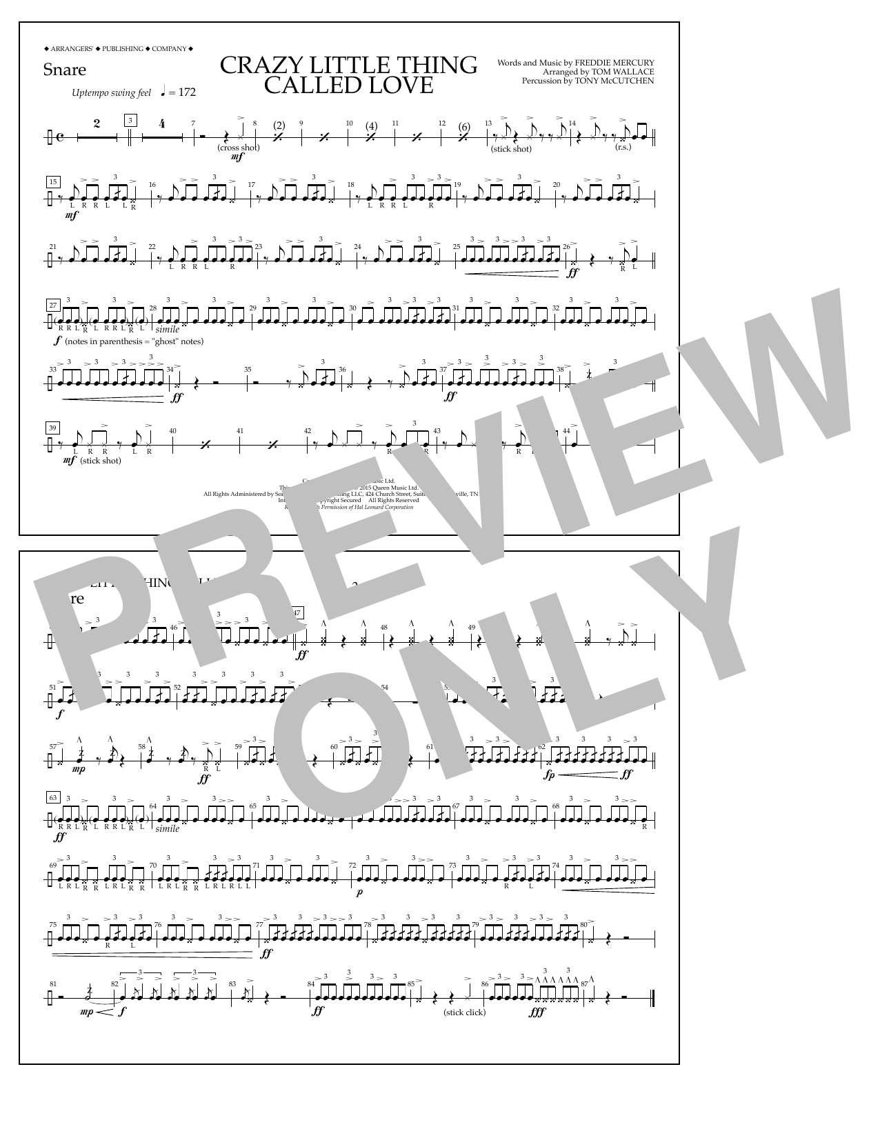 Download Tom Wallace Crazy Little Thing Called Love - Snare Sheet Music and learn how to play Marching Band PDF digital score in minutes