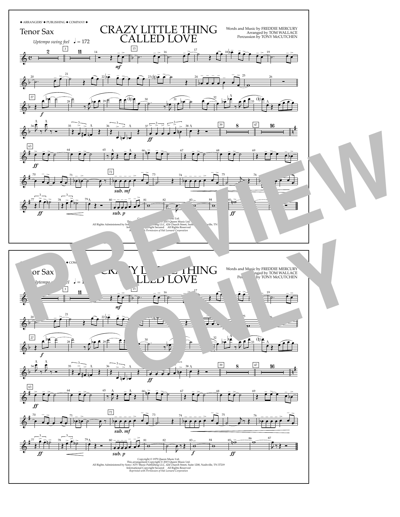 Download Tom Wallace Crazy Little Thing Called Love - Tenor Sax Sheet Music and learn how to play Marching Band PDF digital score in minutes