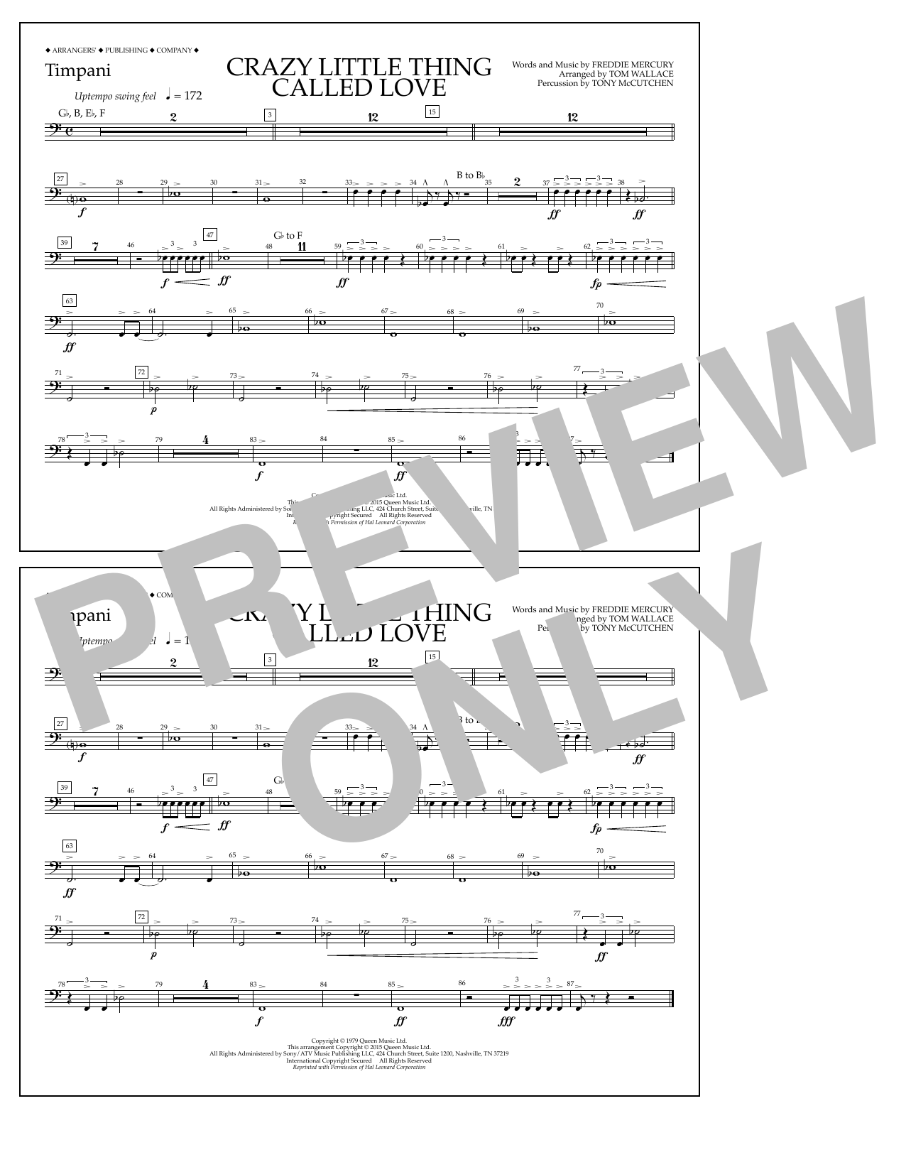 Download Tom Wallace Crazy Little Thing Called Love - Timpani Sheet Music and learn how to play Marching Band PDF digital score in minutes