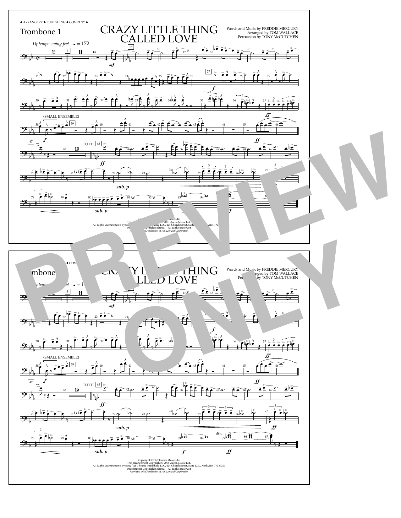 Download Tom Wallace Crazy Little Thing Called Love - Trombone 1 Sheet Music and learn how to play Marching Band PDF digital score in minutes