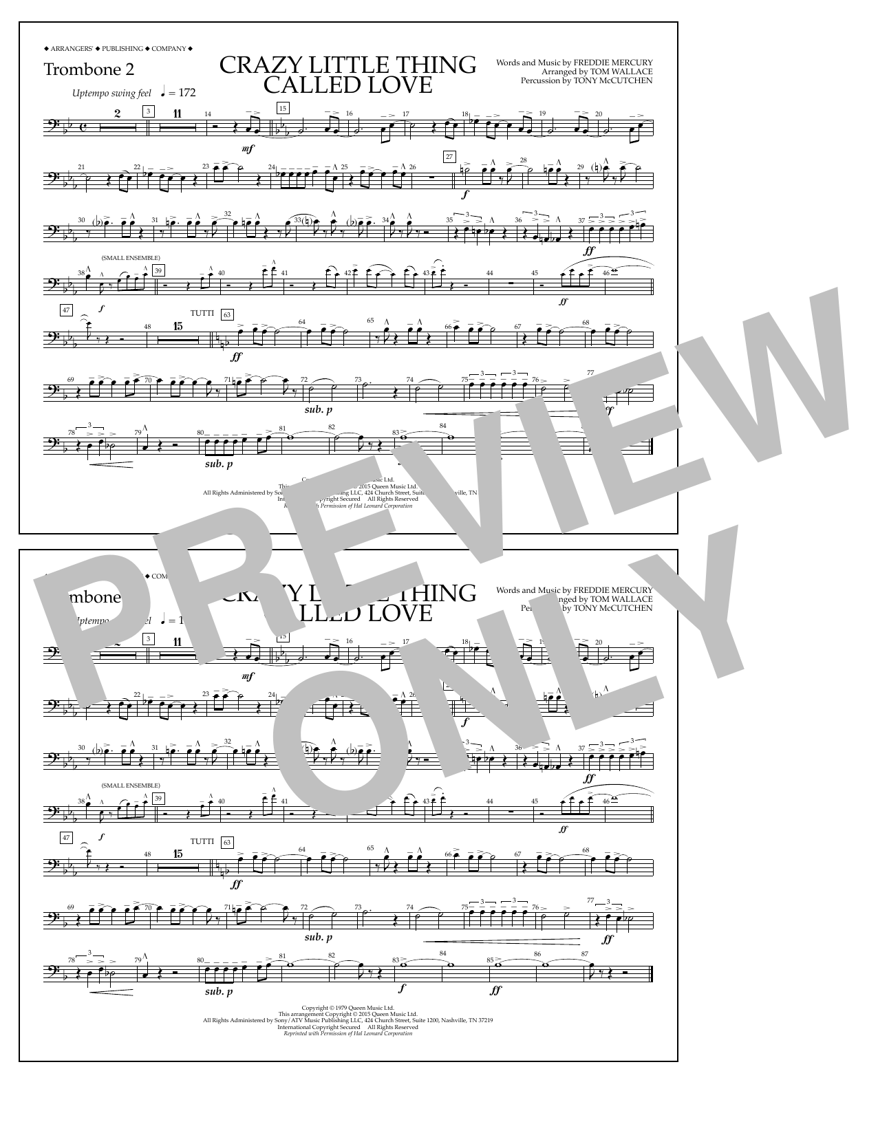 Download Tom Wallace Crazy Little Thing Called Love - Trombone 2 Sheet Music and learn how to play Marching Band PDF digital score in minutes
